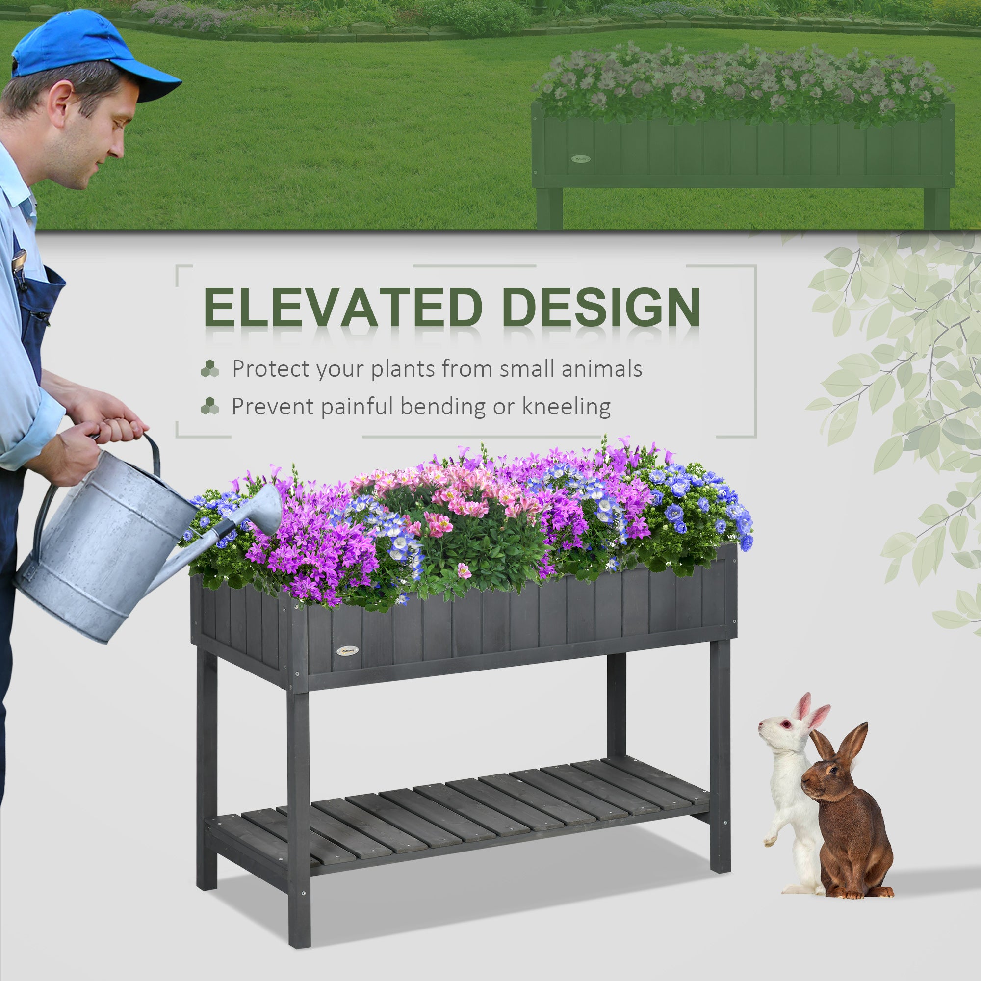 Wooden Raised Garden Bed, Elevated Planter Box Stand with 8 Slots and Open Shelf, Dark Gray - Dark Grey - Image 6