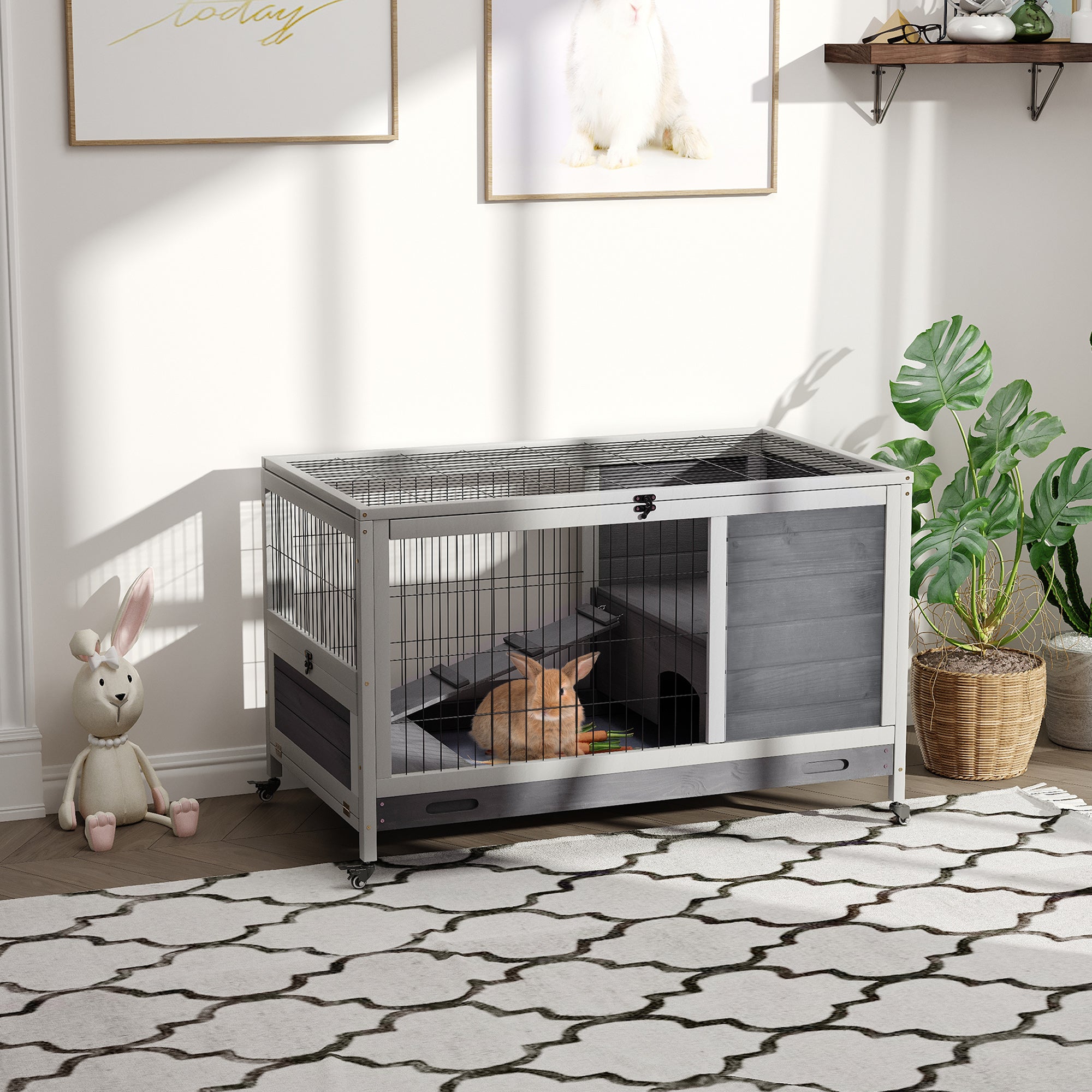 Indoor Rabbit Enclosure, Wooden Elevated Cage Habitat with Enclosed Run with Wheels - Ideal for Rabbits and Guinea Pigs - Grey - Image 2