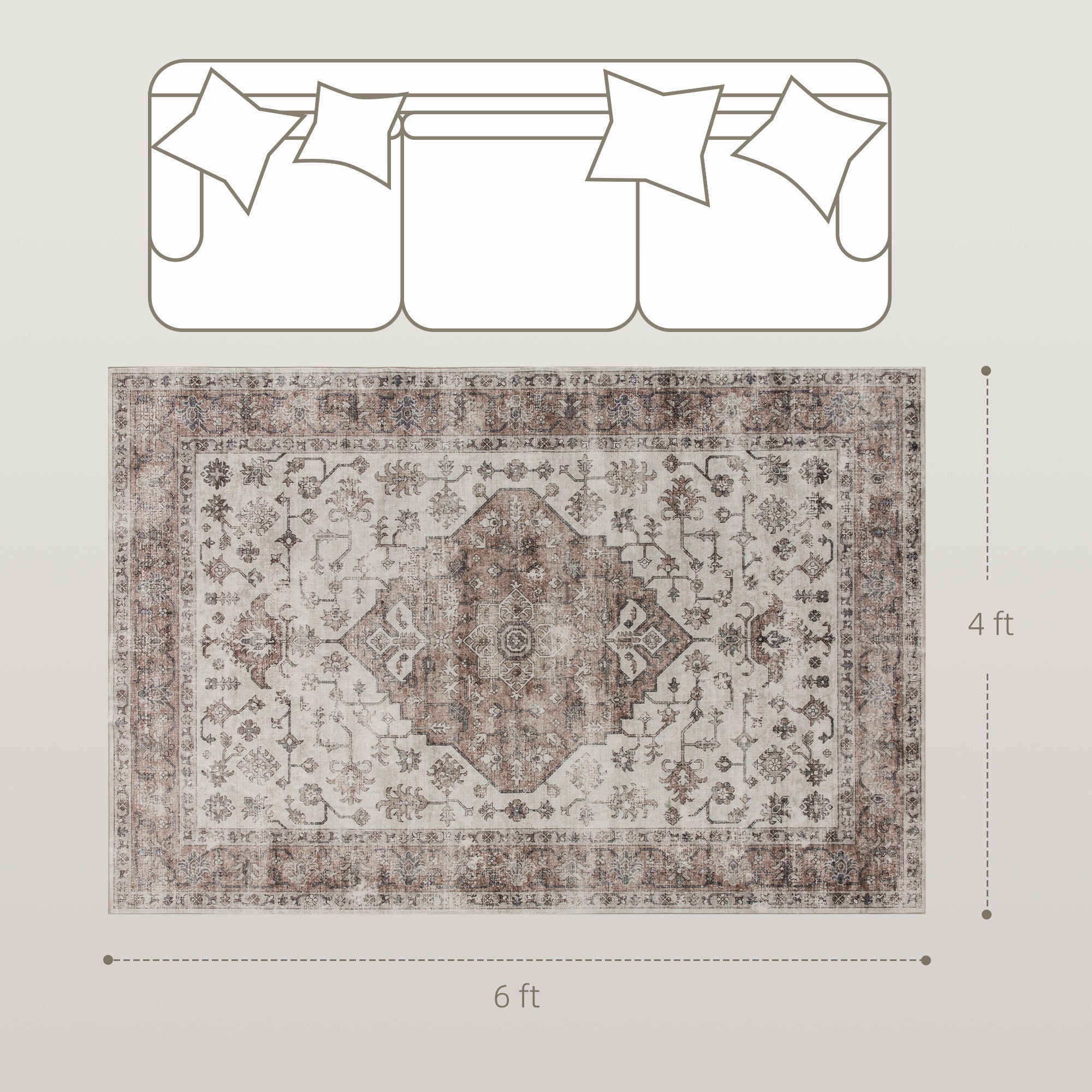 4x6 Area Rug, Vintage Machine Washable Rug, Non-Slip Floor Carpet for Living Room, Bedroom, Dining Room, Tan