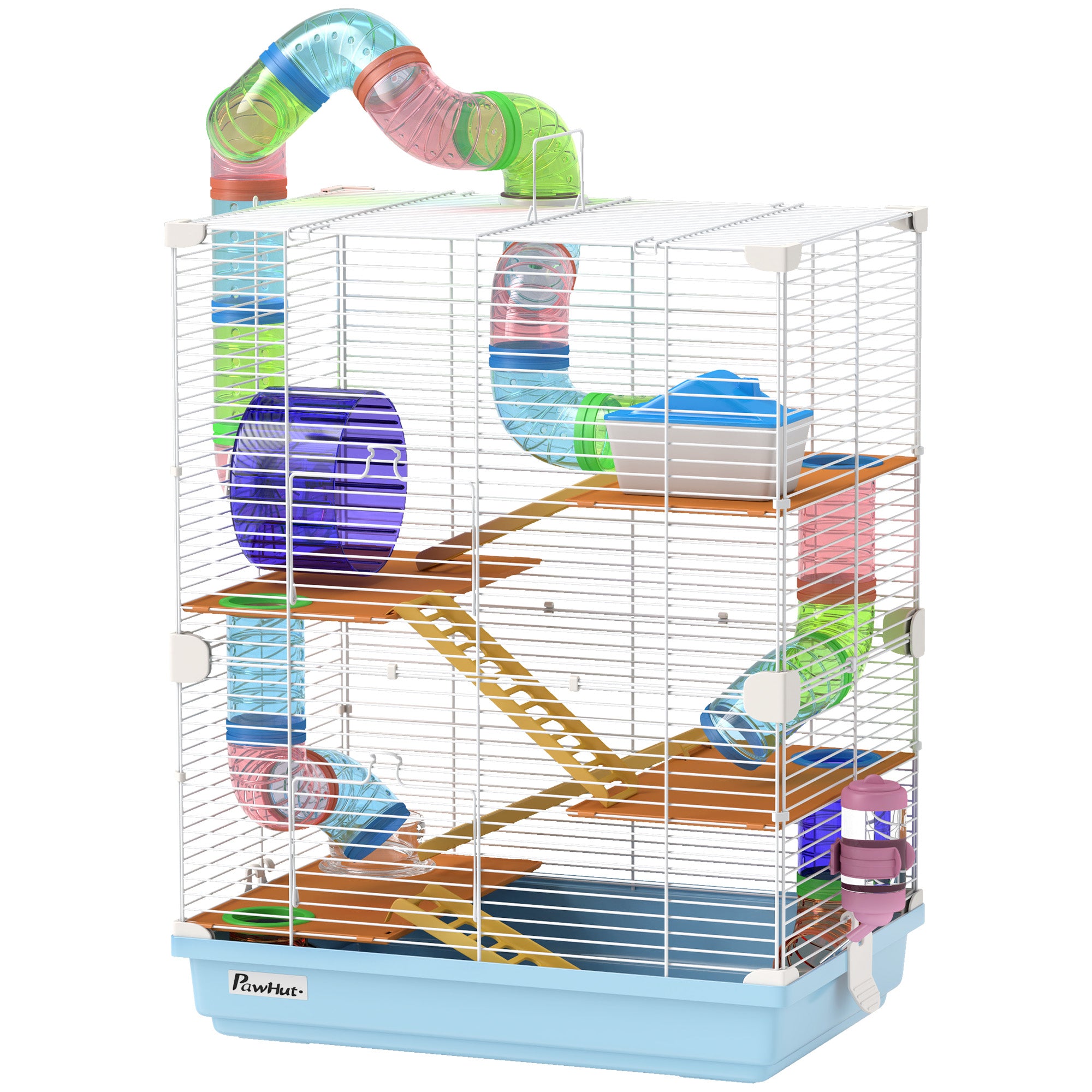 5 Tiers Hamster Cage Portable Animal Travel Carrier w/ Exercise Wheels Tube, Light Blue - Light Blue