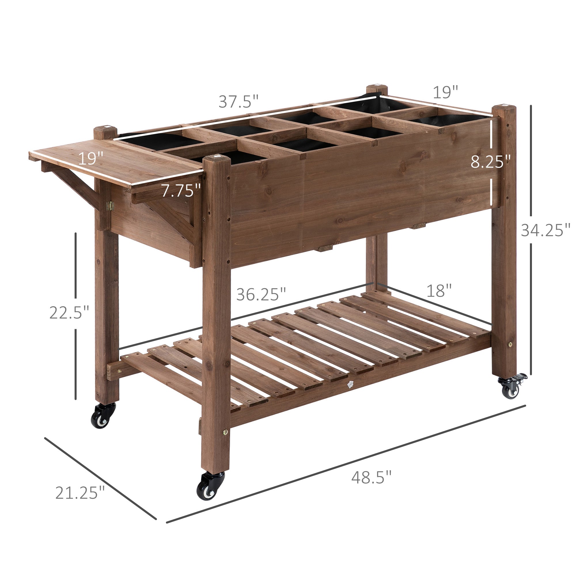 Wooden Garden Box, 34.25H with 8 Pockets and Lockable Wheels, Foldable Side Clapboard, Elevated and Self-Draining Design, to Grow Herbs, Vegetables, and Flowers, Brown - Brown - Image 3
