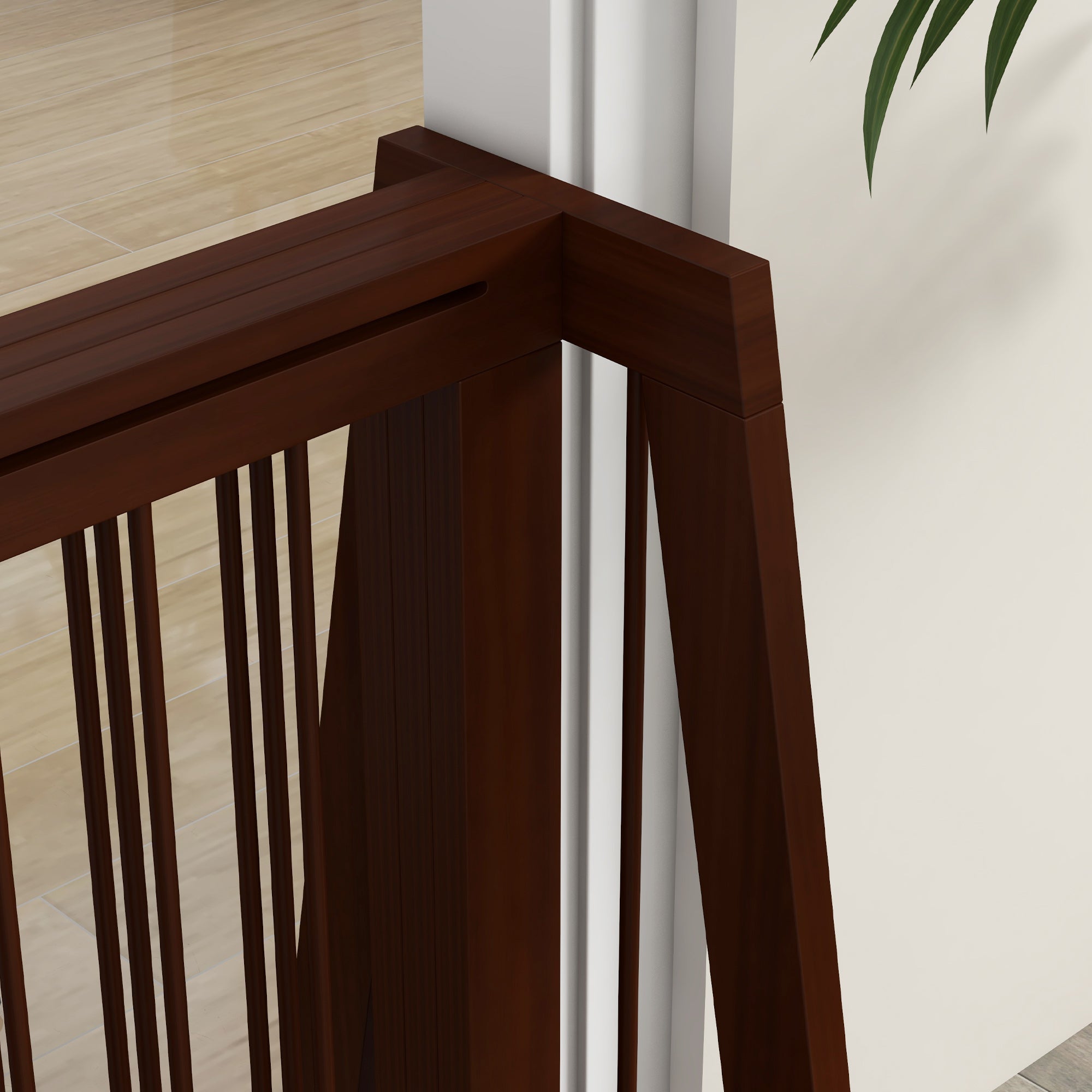 28"-75" Freestanding Wooden Pet Gate with Support Feet & Non-Slip Mats for Indoor, Stairway, Doorway, Brown - Brown - Image 8