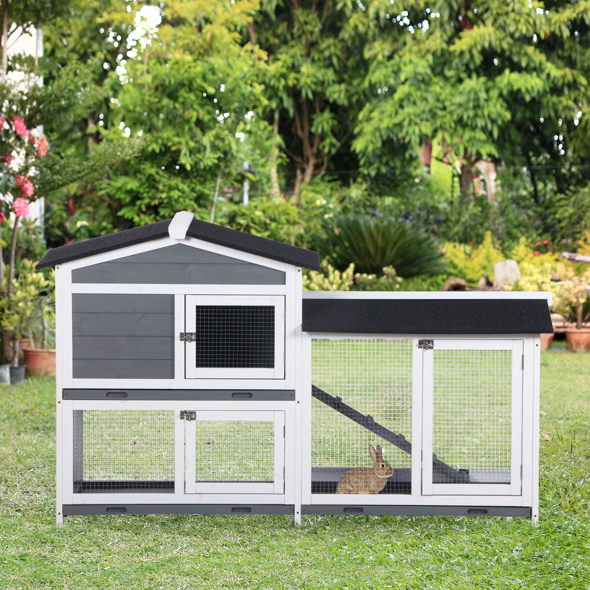 2-tier Indoor Rabbit Enclosure, Wood Hutch Backyard Small Animal House Ramp Outdoor Run Enclosed - Grey - Image 8