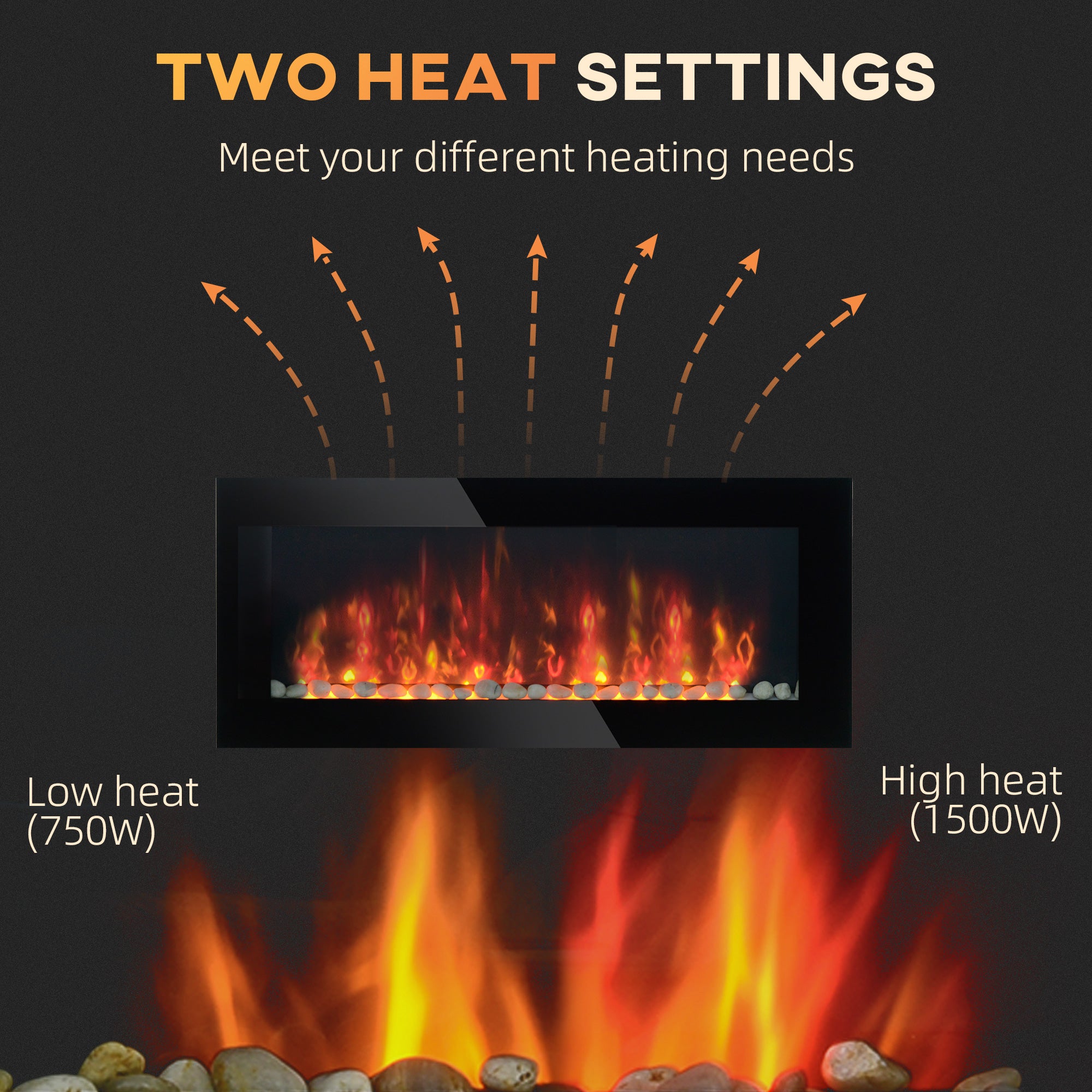 41.3" 1500W Electric Wall-Mounted Fireplace with Flame Effect, 7 Color Background Light, Black