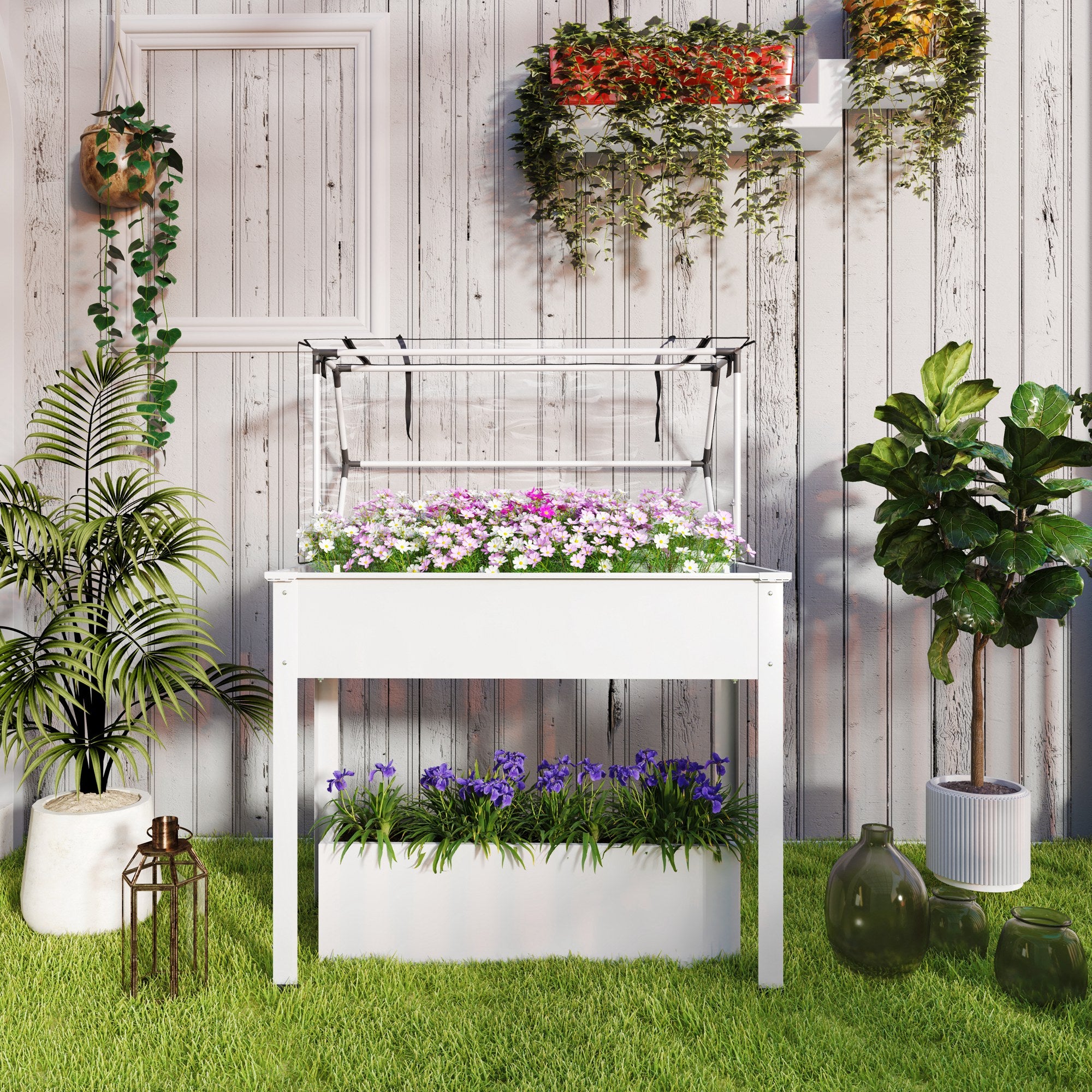 Elevated Garden Box with Greenhouse Cover, Raised Garden Bed with Legs and Drainage Hole for Vegetables, White - White - Image 8