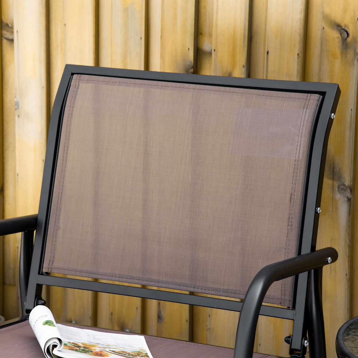 Porch Glider, Metal Frame Swing Glider Chair with Breathable Mesh Fabric, Curved Armrests and Steel Frame for Garden, Poolside, Backyard, Balcony, Brown