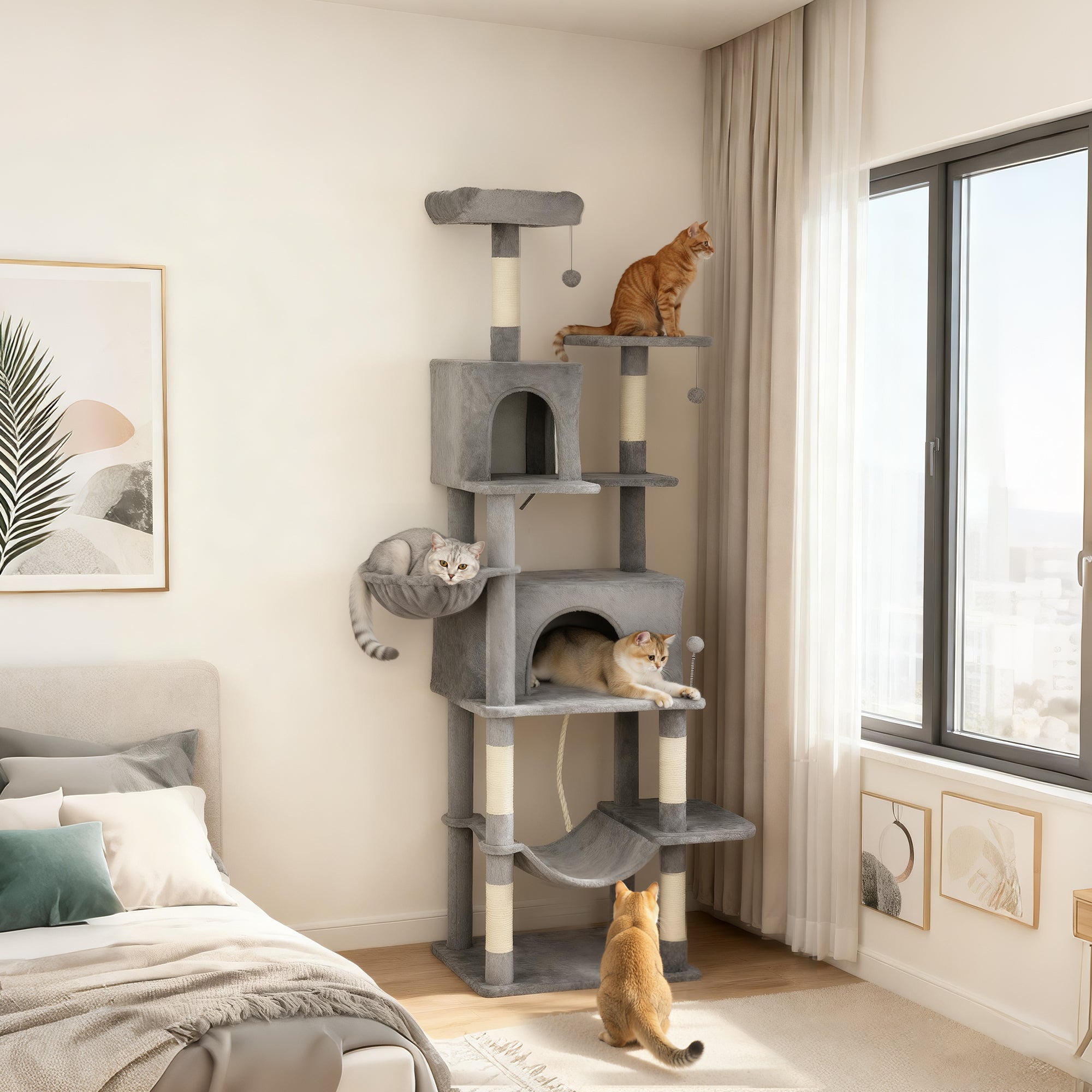 Multi-Level Cat Tower, 80" Tall Cat Tree, with 2 Condos, 2 Hammocks, 6 Sisal Scratching Posts, Dark Gray - Dark Gray - Image 2