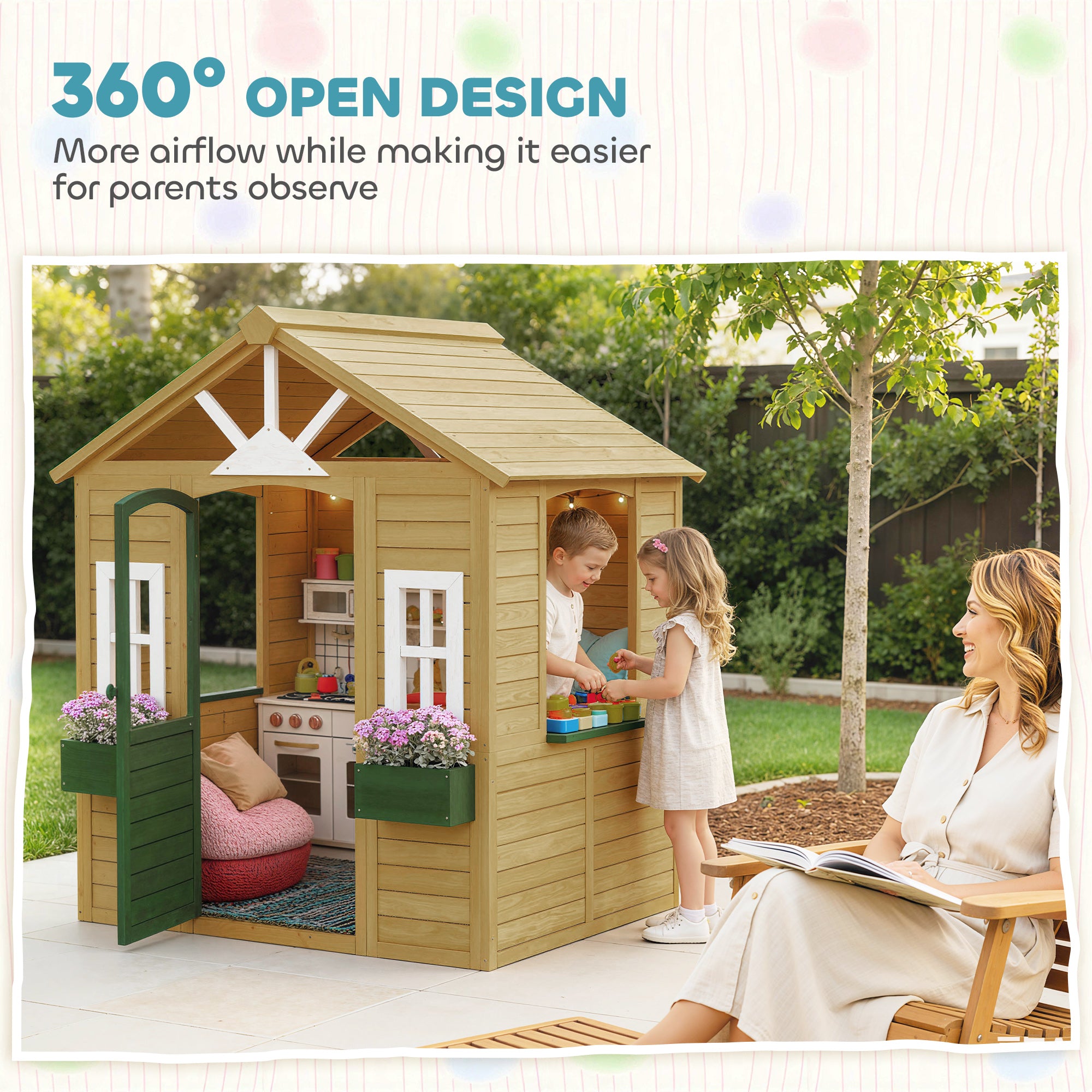 Outdoor Playhouse, Wooden Kids Playhouse with Door, 3 Windows, 2 Flower Boxes for Garden, Indoor Playroom, Ages 3–8