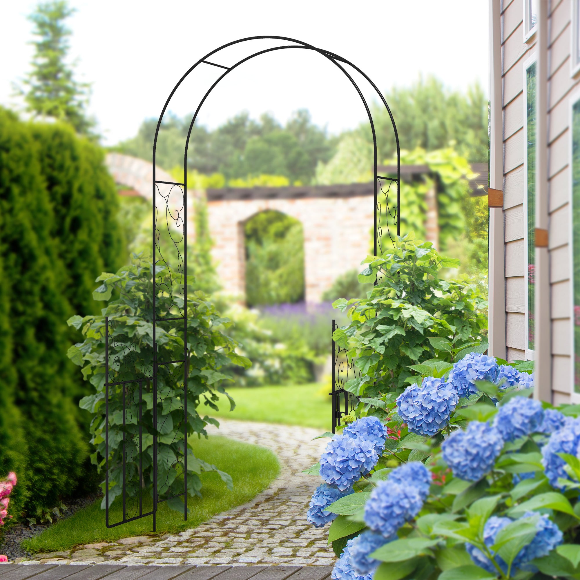 89.25" Metal Garden Arch with Gate, Garden Arbor Trellis for Climbing Plants, Roses, Vines, Wedding Arch, Black - Black - Image 2