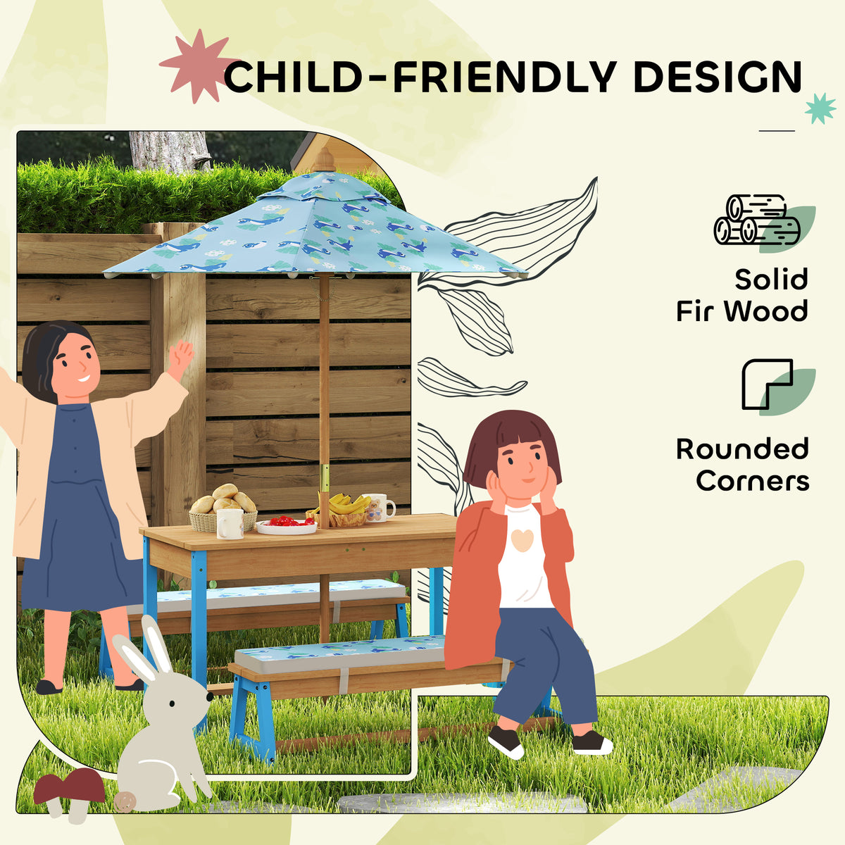 Qaba Kids Picnic Table Set with Foldable Umbrella, Removable Cushions & Boxes, Dinosaur Theme, Blue