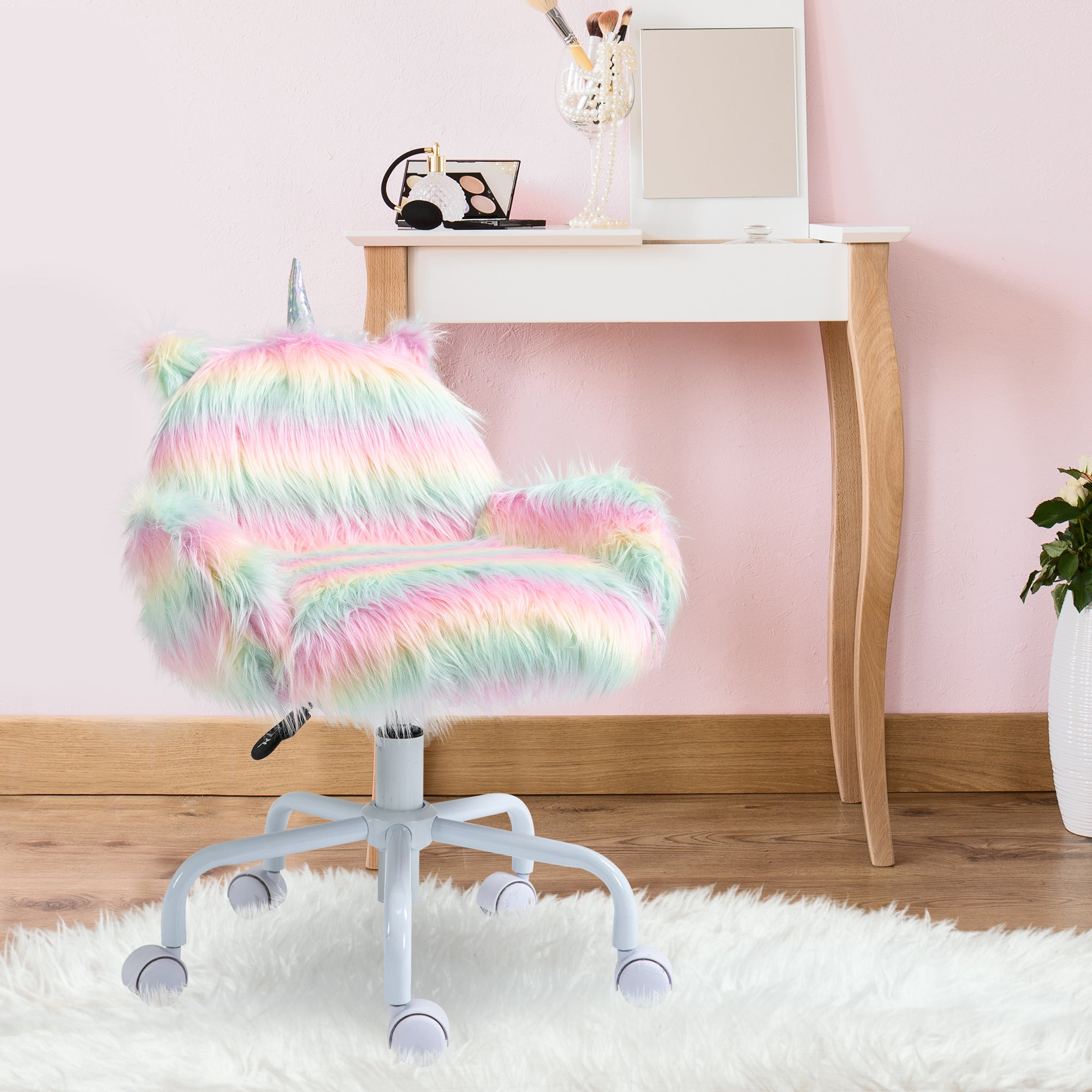 Fluffy Unicorn Office Chair with Mid-Back and Armrest Support, 5 Star Swivel Wheel White Base, Rainbow