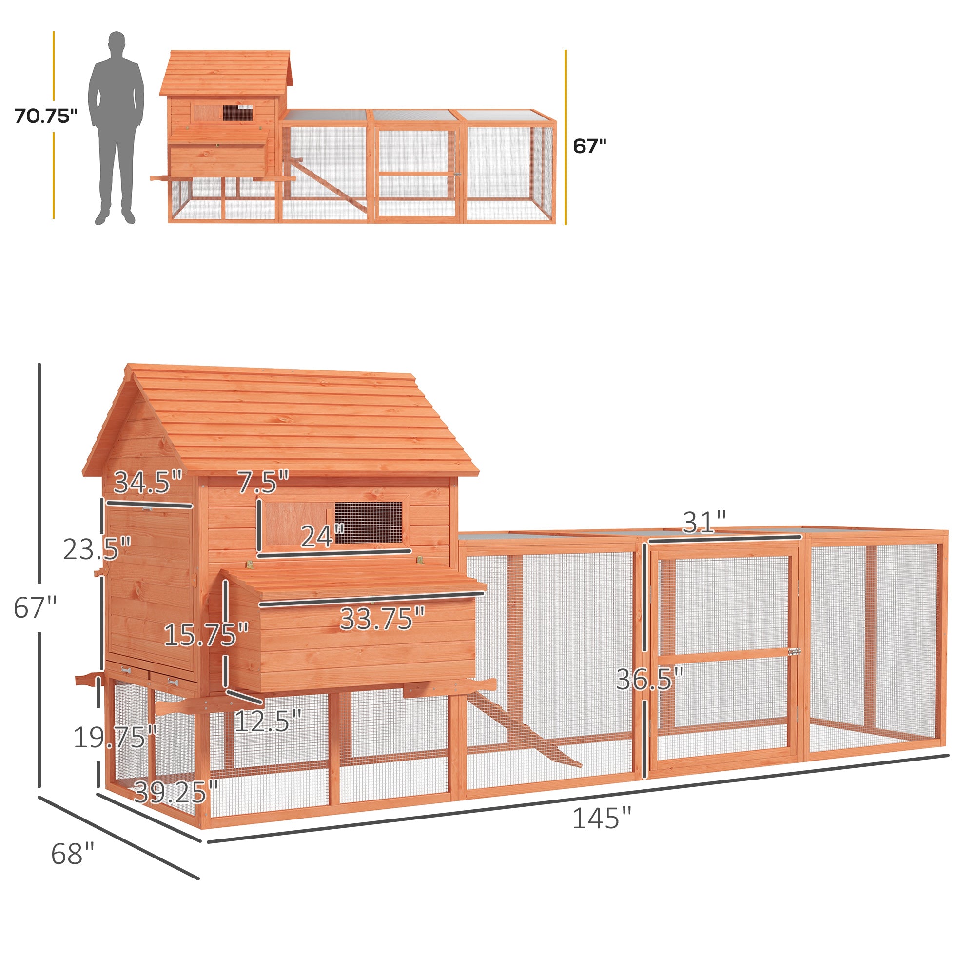 145" Wooden Chicken Coop with Run & Inner Hen House Space - Orange - Image 3