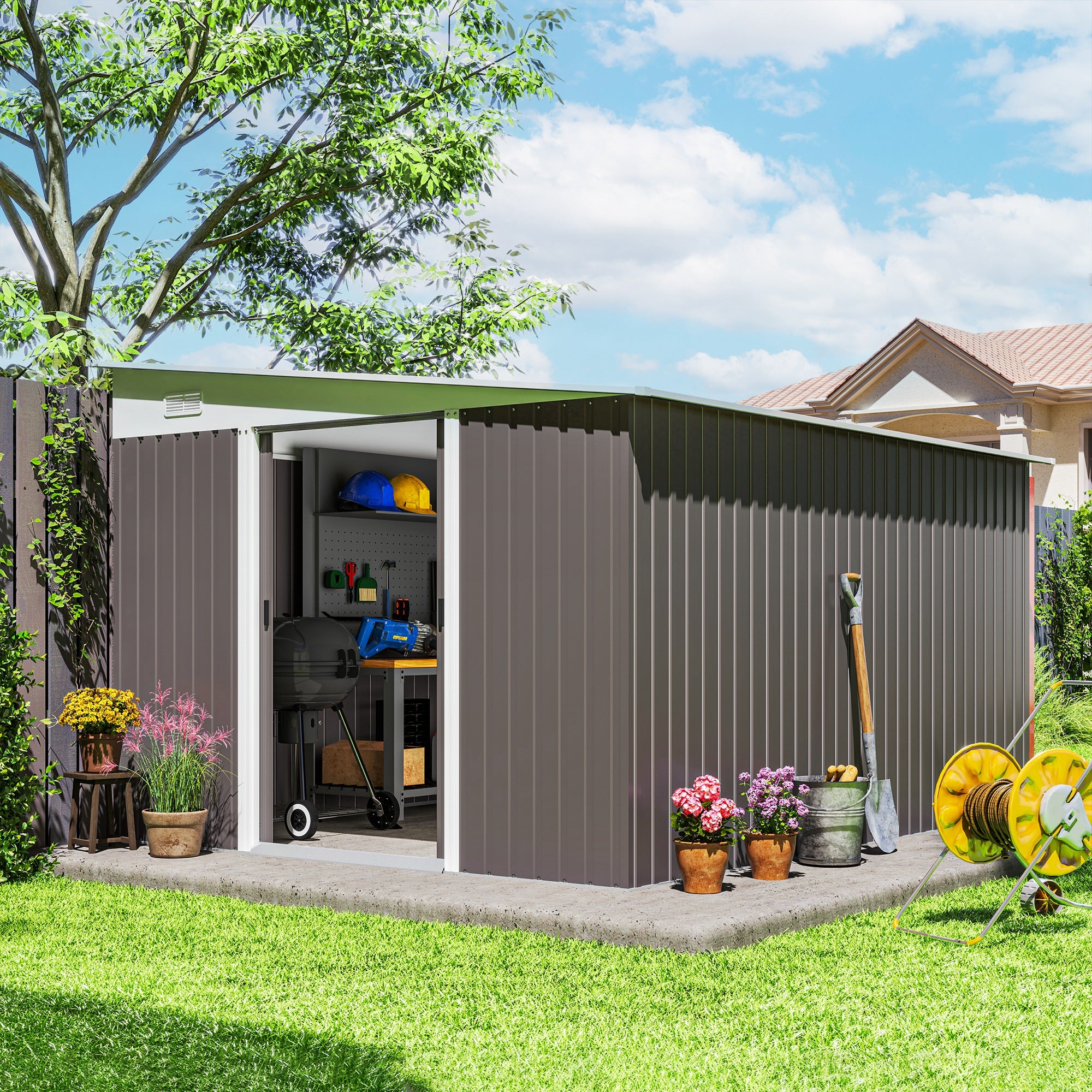 11' x 9' Metal Outdoor Storage Shed, Tool House with Double Lockable Doors for Backyard, Patio, Lawn, Garage, Gray - Gray - Image 2