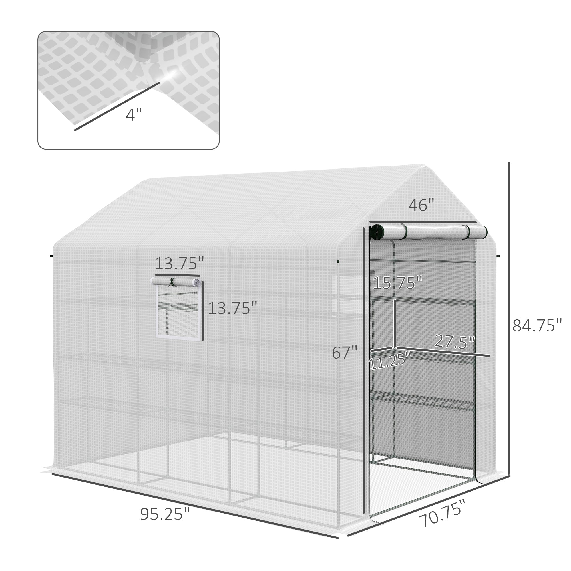 8' x 6' x 7' Portable Walk in Greenhouse with Mesh, Door, Windows, 18 Shelf, Trellis, Plant Labels, White - White - Image 3