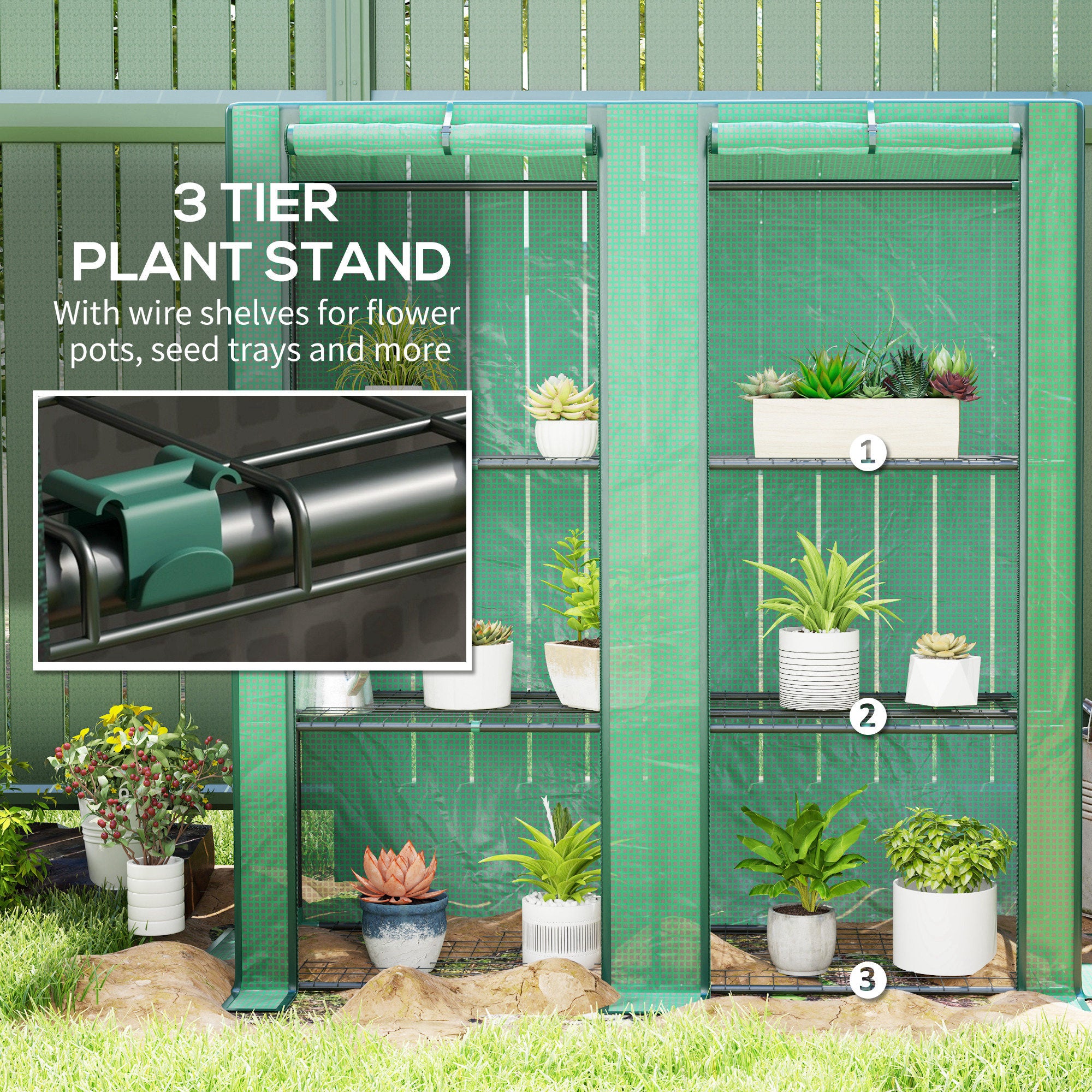 Lean-to Greenhouse with 3 Tier Shelves, Portable Greenhouse with PE Cover, 2 Roll-Up Doors, 56.7" x 18.9" x 59.8", Green - Green - Image 5