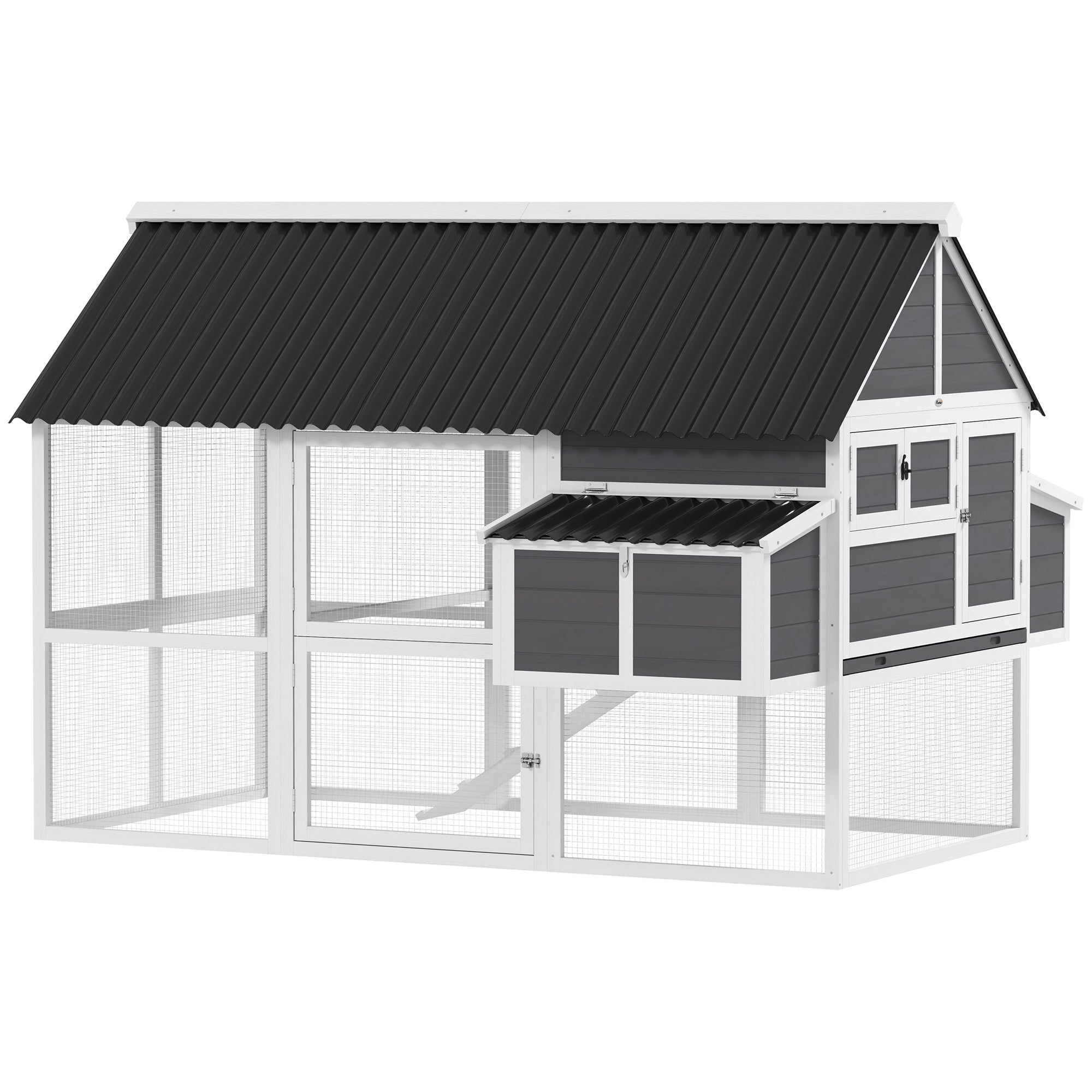 Wooden Chicken Coop with Run, 2 Nesting Boxes, 2 Roosting Bars, Ramp & Tray, Poultry Cage for 6-8 Chickens, Gray - Gray