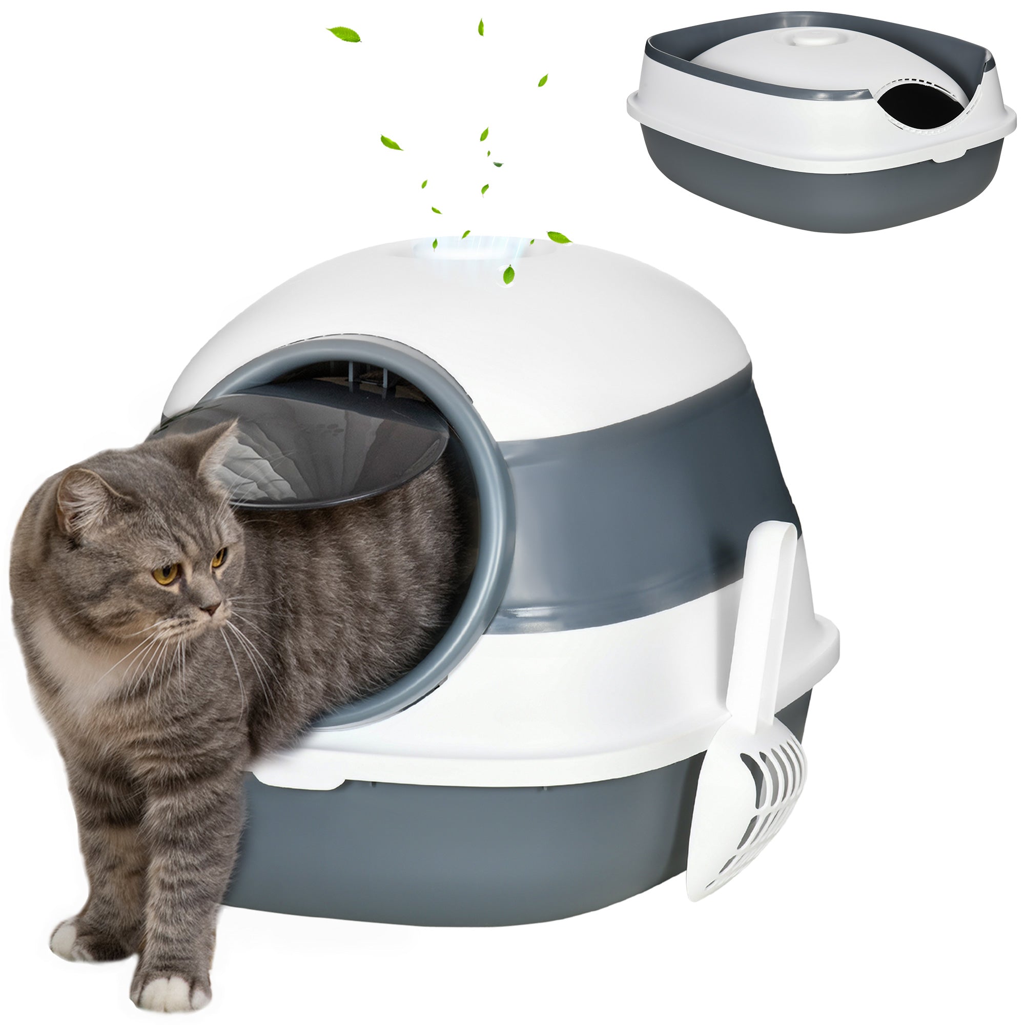 Dome Covered Cat Litter Box with Lid, White and Gray - White