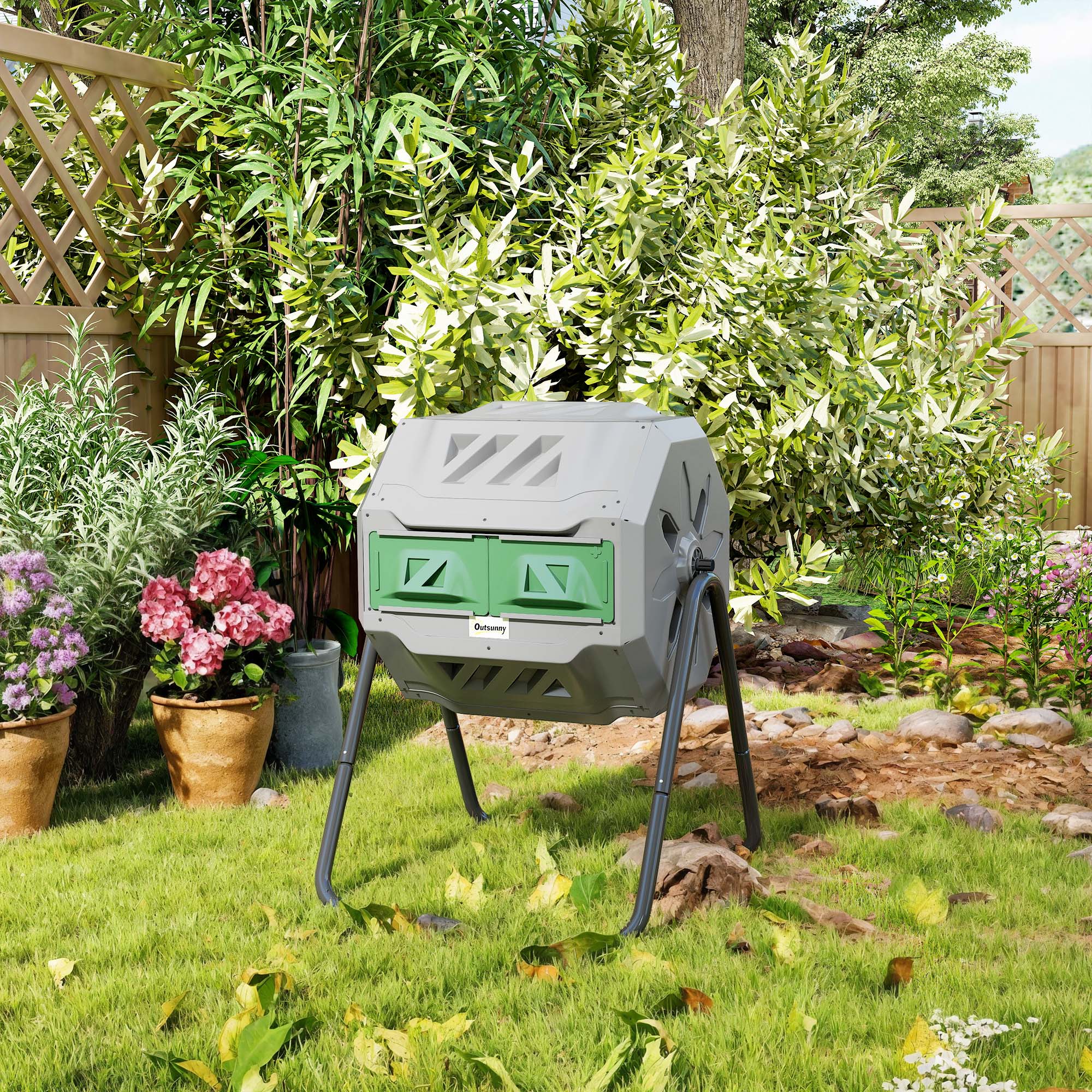 Tumbling Compost Bin Outdoor 360° Dual Chamber Rotating Composter 43 Gallon, Light Gray - Light Gray - Image 8