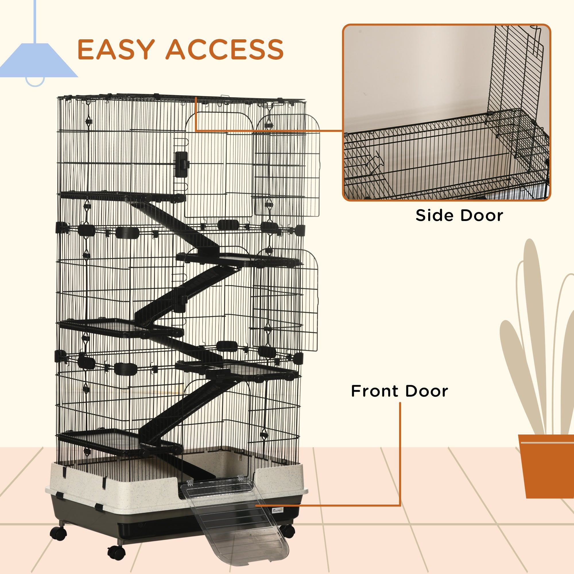 6-tier Platform Rolling Small Animal Rabbit Cage with a Large Living Space, Black - Black and White - Image 4