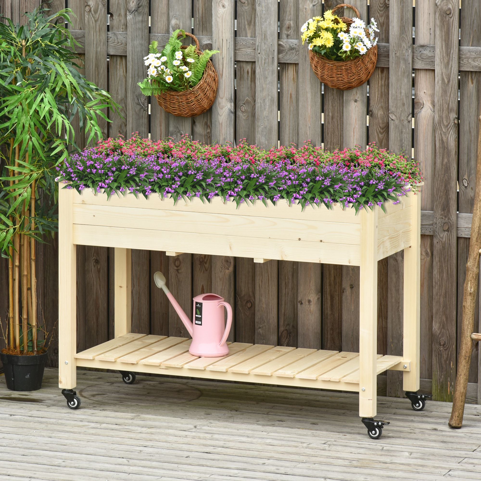 Raised Garden Bed, 47" x 22" x 33", Elevated Wooden Planter Box w/ Lockable Wheels, Storage Shelf, and Bed Liner for Backyard, Patio, Natural - Natural - Image 2