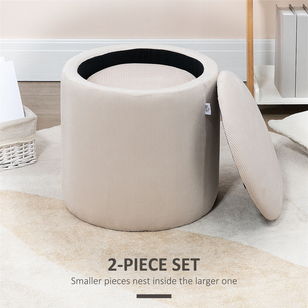 Corduroy Stool, Ottoman with Storage Set of 2, Removable Wood Lid, Hidden Space, Cream White