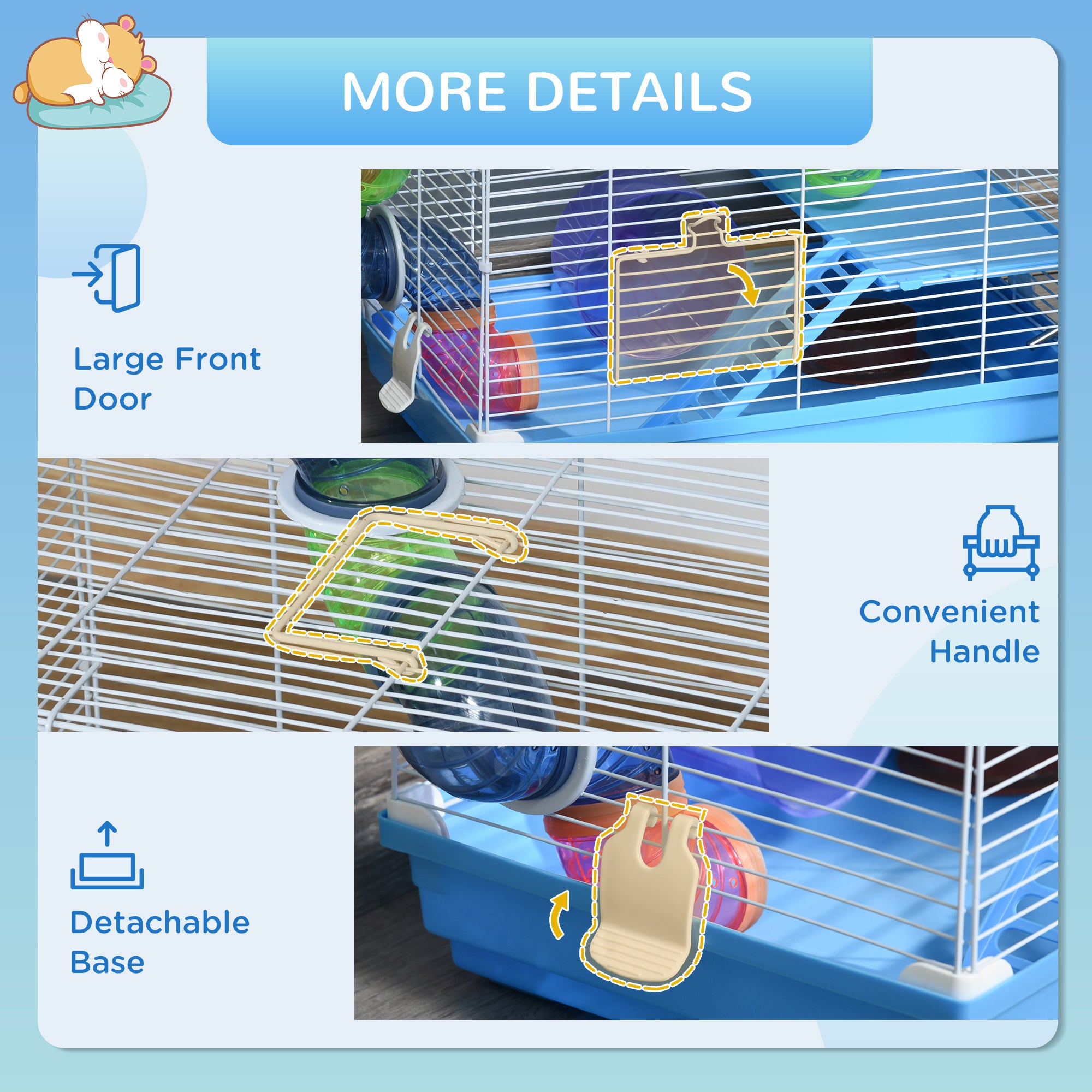 2-Level Hamster Cage Rodent Gerbil House Mouse Mice Rat Habitat Metal Wire with Exercise Wheel, Play Tubes, Water Bottle, Food Dishes, & Interior Ladder - Blue - Image 6