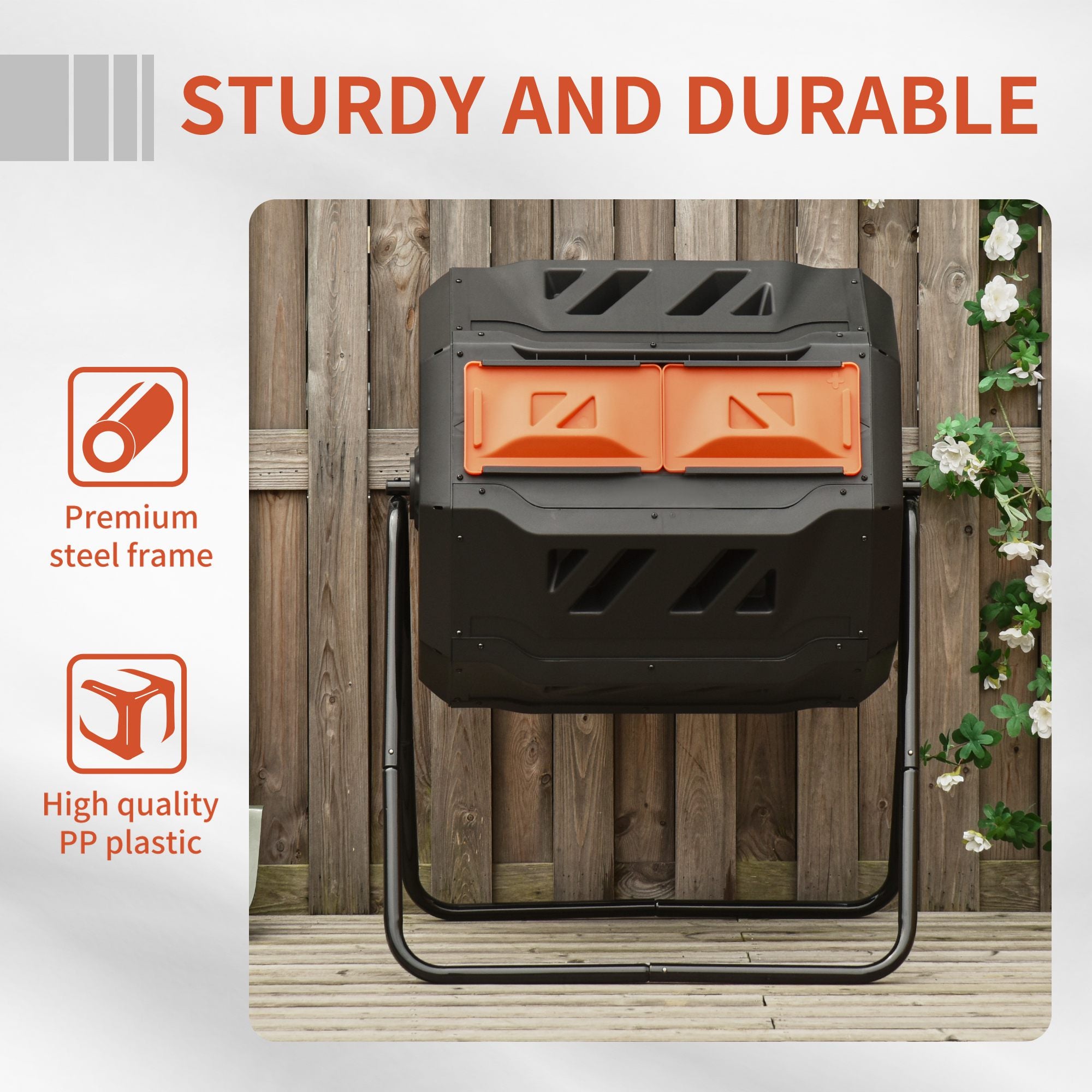 Tumbling Compost Bin Outdoor 360° Dual Chamber Rotating Composter 43 Gallon, Orange - Orange - Image 7