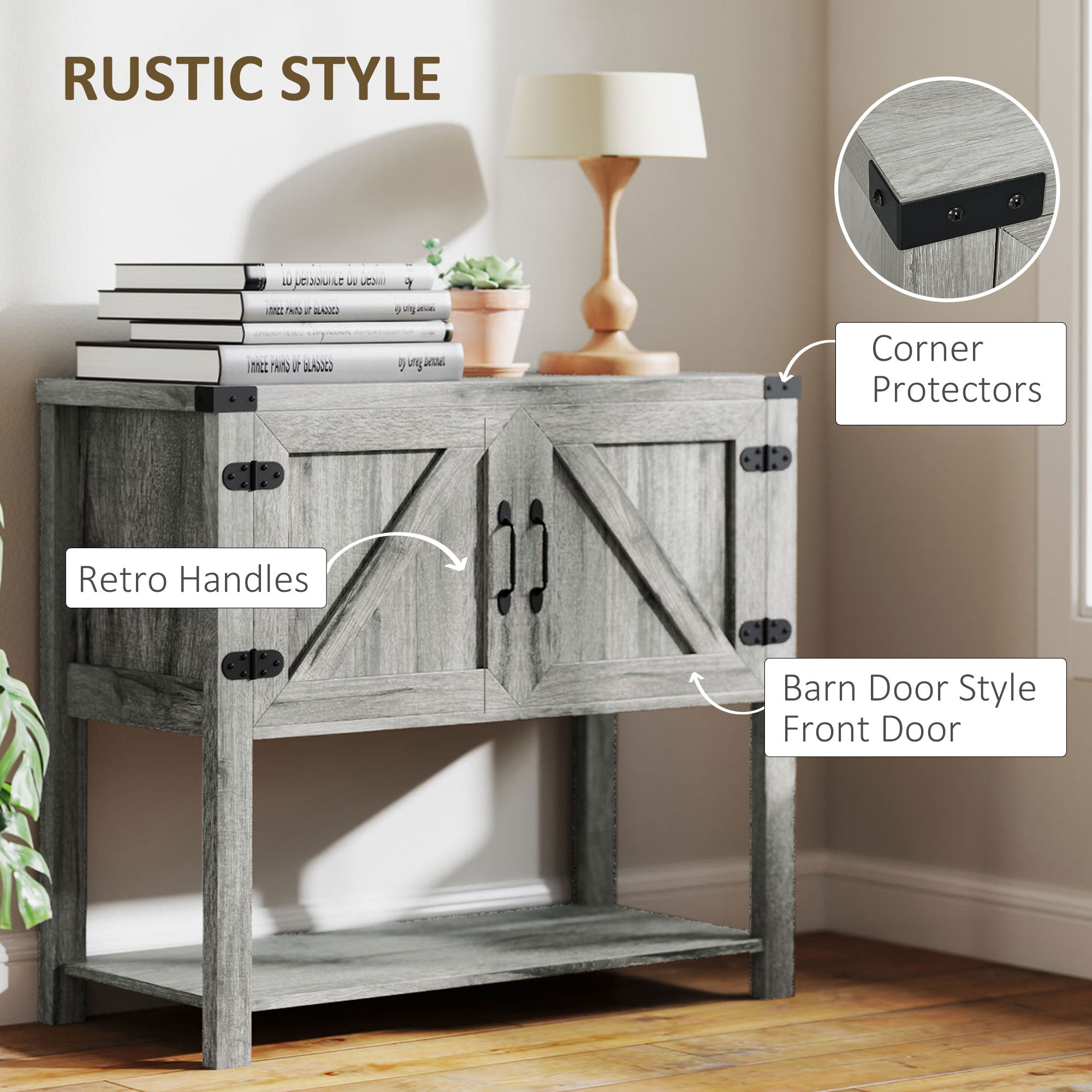 Farmhouse Double Door Coffee Bar Cabinet, Kitchen Cabinet with Bottom Shelf for Entryway, Living Room, Stone Gray