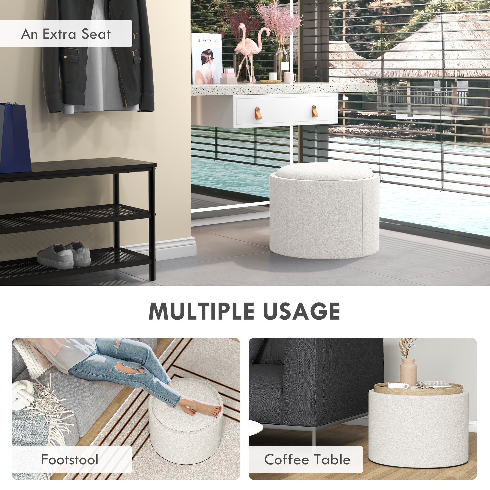 Round Storage Ottoman Coffee Table with Flip Top Tray, Linen Fabric Upholstered Footstool with Hidden Compartment