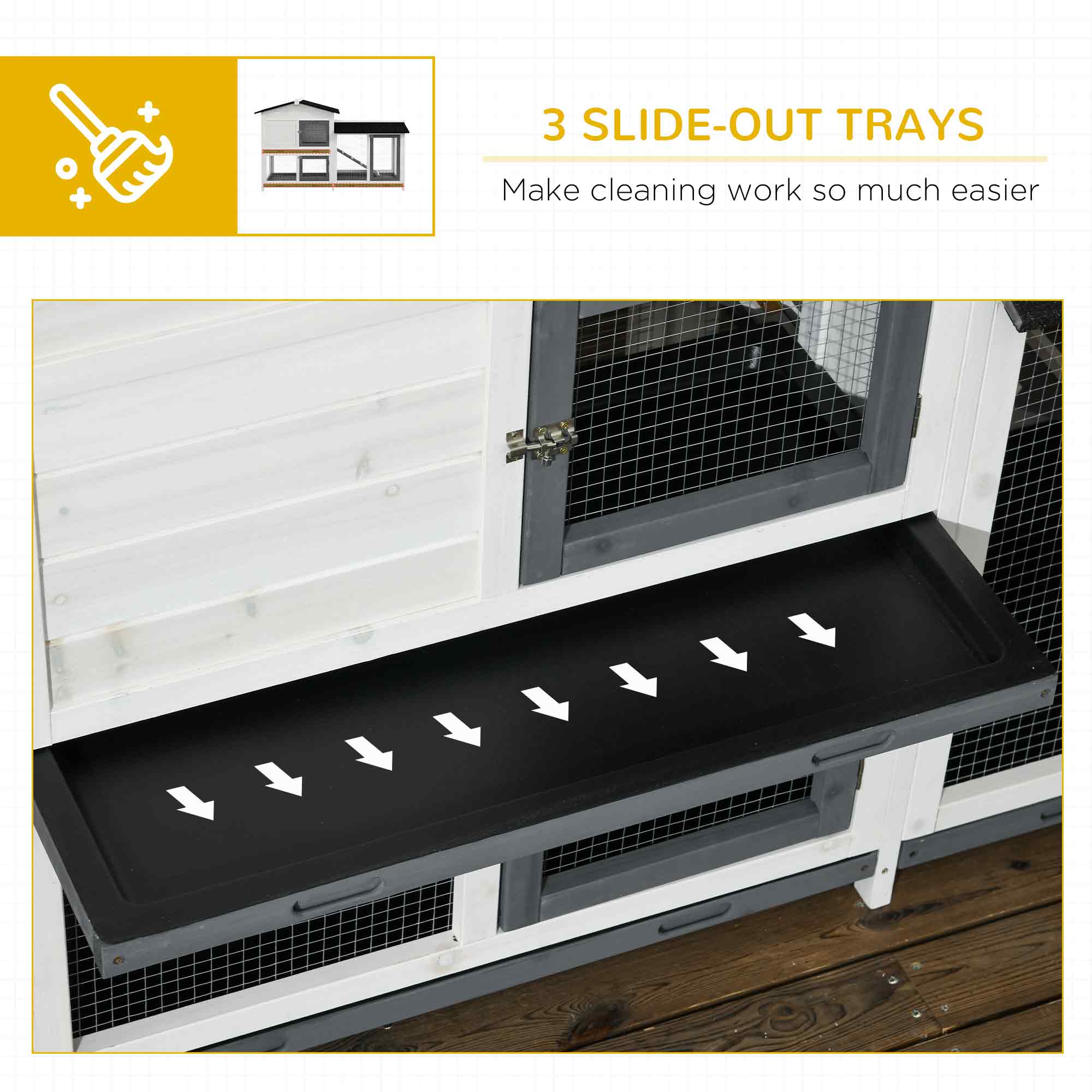 62" Rabbit Hutch, Wooden Bunny Hutch, Guinea Pig Cage, Small Animal Enclosure with Run Area, Removable Tray, Asphalt Roof, Lockable Doors and Ramp, for Rabbits, Chickens, Ducks, White - White - Image 6