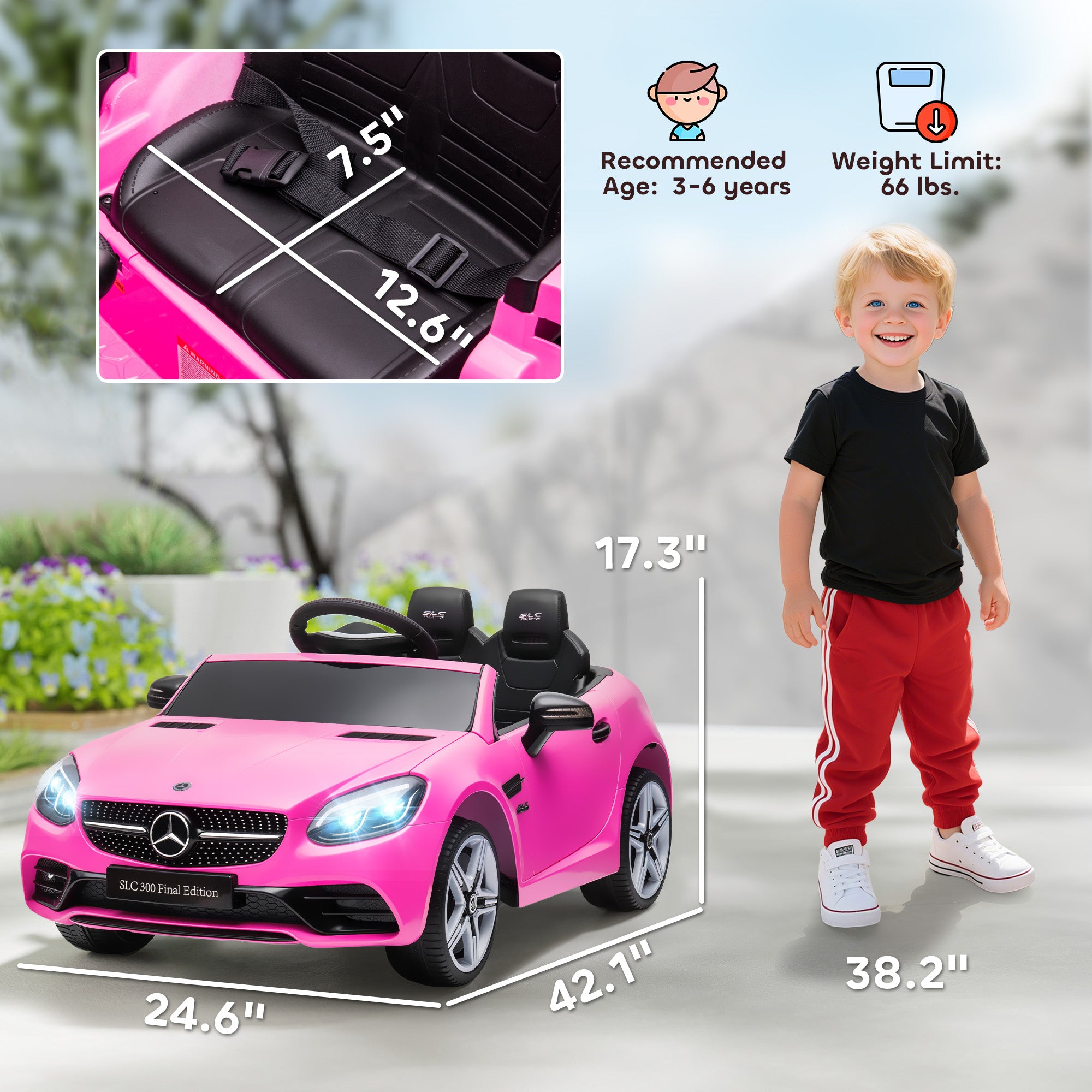 Mercedes SLC 300 Licensed Kids Electric Car with Remote Control, 12V Battery Powered Kids Ride on Car with Music, Lights, Suspension for 3-6 Years Old, Pink