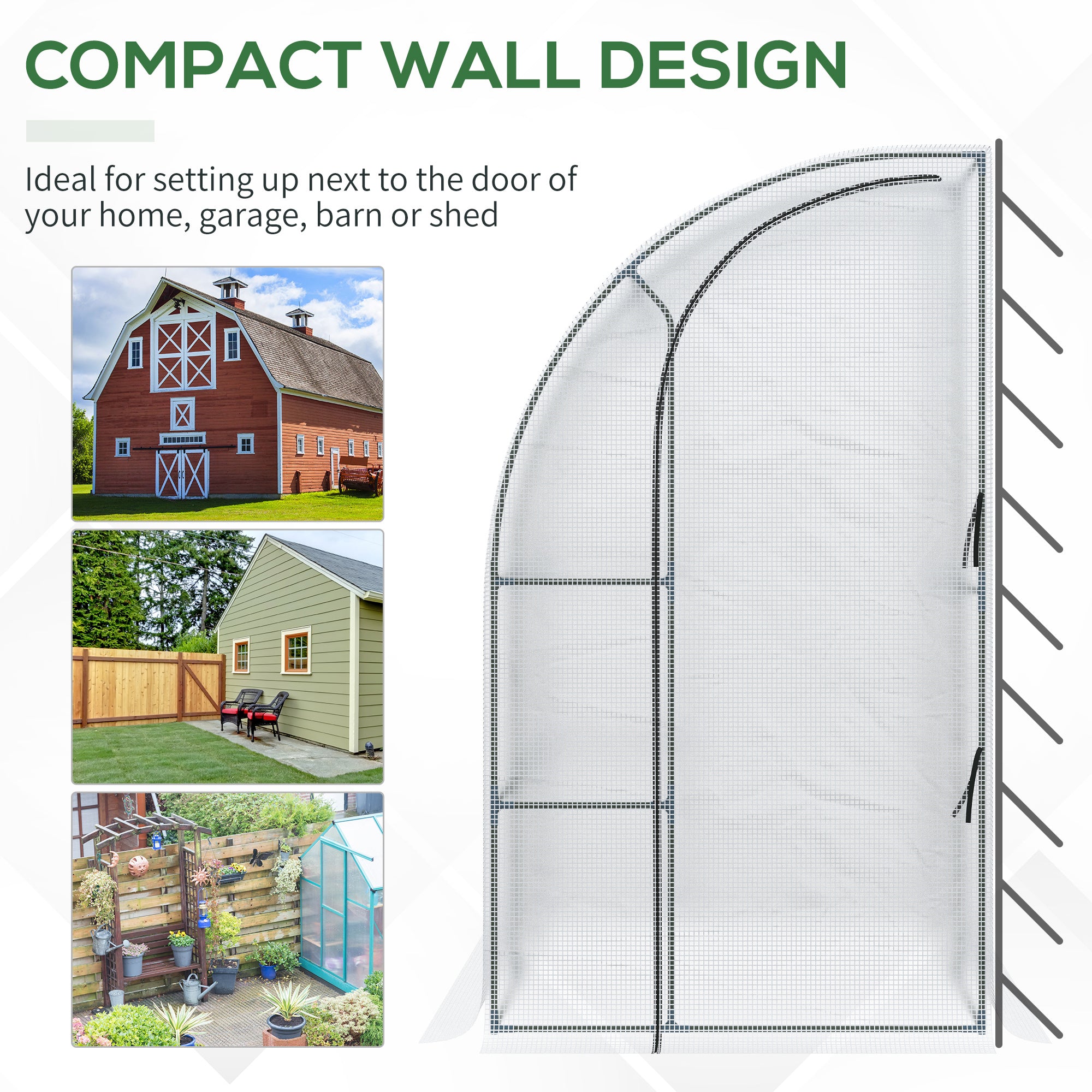 7' x 4' x 7' Outdoor Lean to Greenhouse, Walk-In Green House Plant Nursery with Roll-up Window, PE Cover, White - White - Image 5