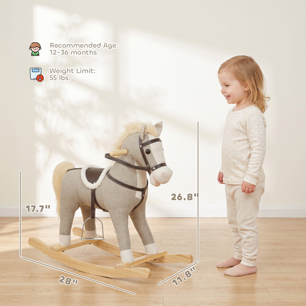 Rocking Horse, Back and Forth Rocking, Ride on Horse Toy with Sound Effects, for 12-36 Months Toddlers, Gray
