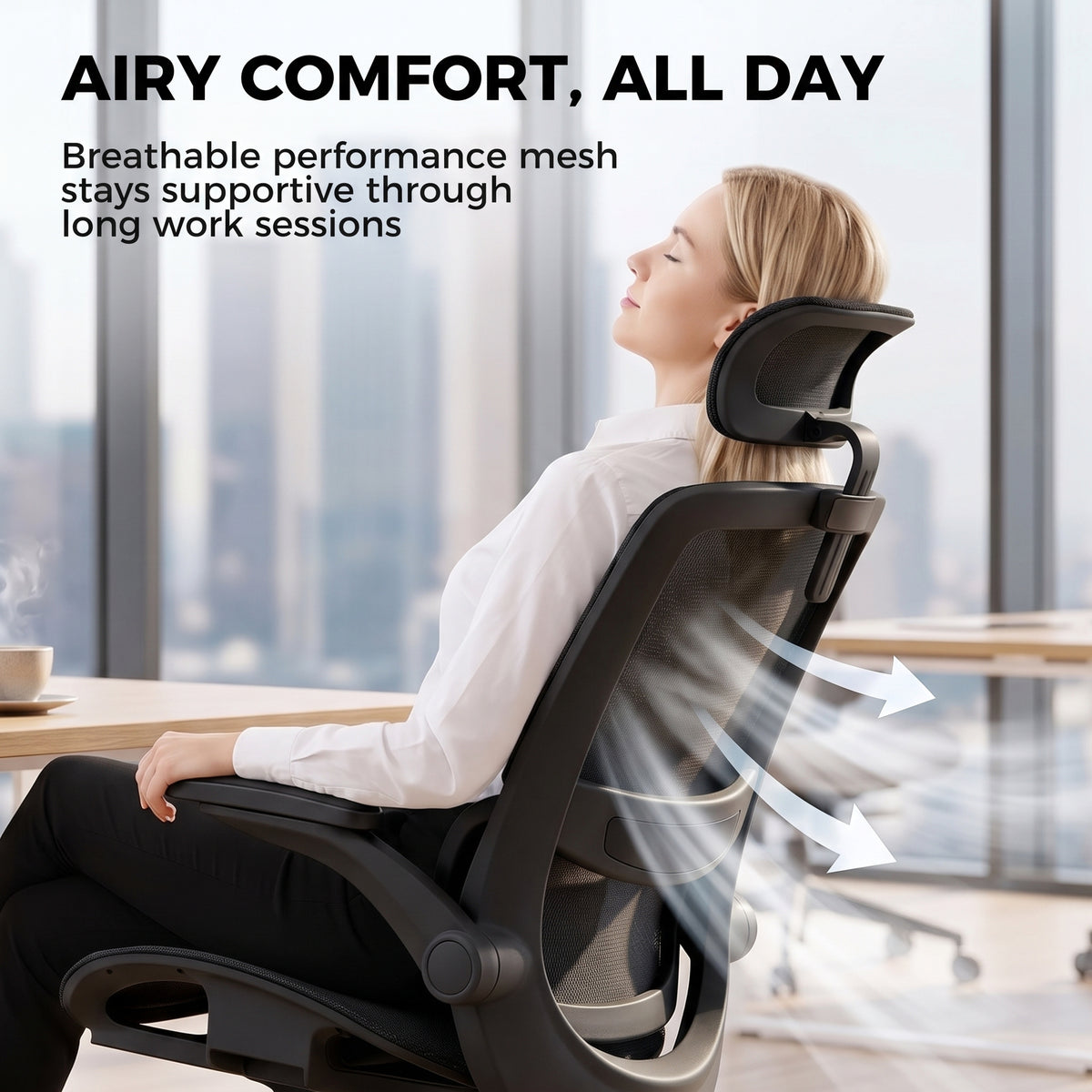 Ergonomic Office Chair with Adaptive Lumbar Support, Reclining Mesh Desk Chair with 2D Headrest, Flip-Up Arms, Black