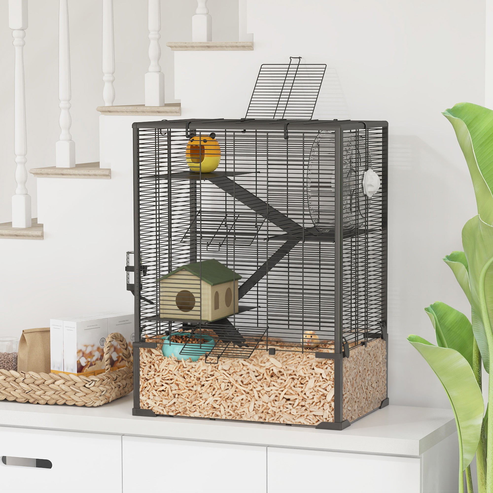 4 Tier Hamster Cage with Deep Tempered Glass Bottom, Running Wheel, Hut, Water Bottle, Food Dish, 24" x 16" x 31.5" - Black - Image 2