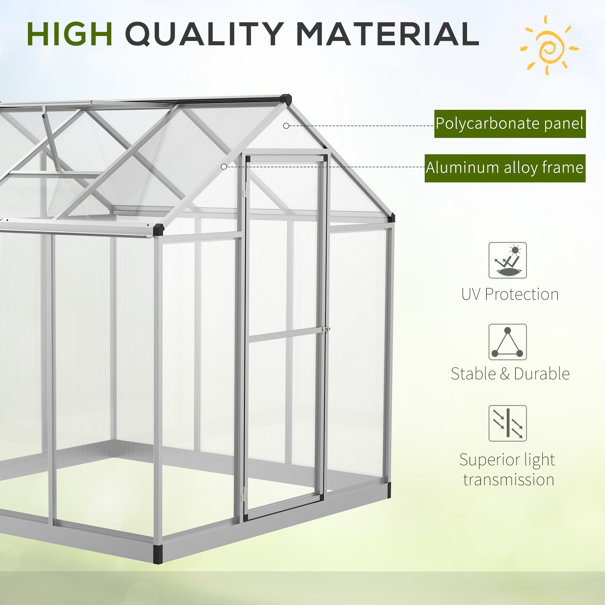 6' L x 6' W Walk-In Polycarbonate Greenhouse with Roof Vent for Ventilation & Rain Gutter for Winter - Silver - Image 4