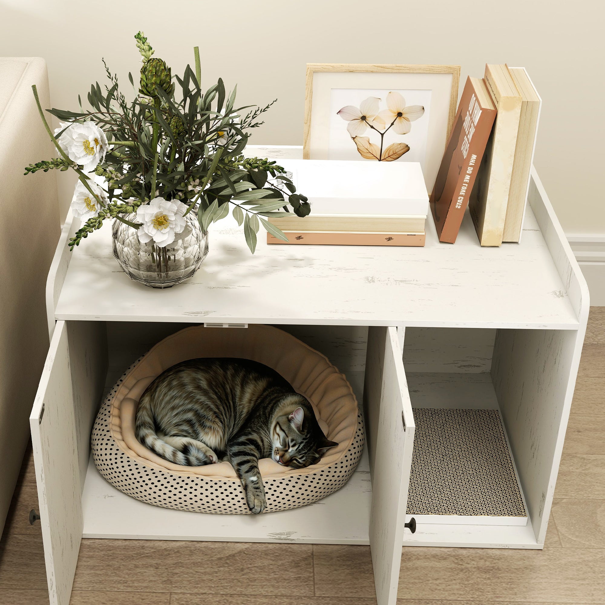 32" Cat Litter Box Enclosure with Scratching Mat, Cat Entrance, Fit Most of Cat and Litter Box, Distressed White - White - Image 8