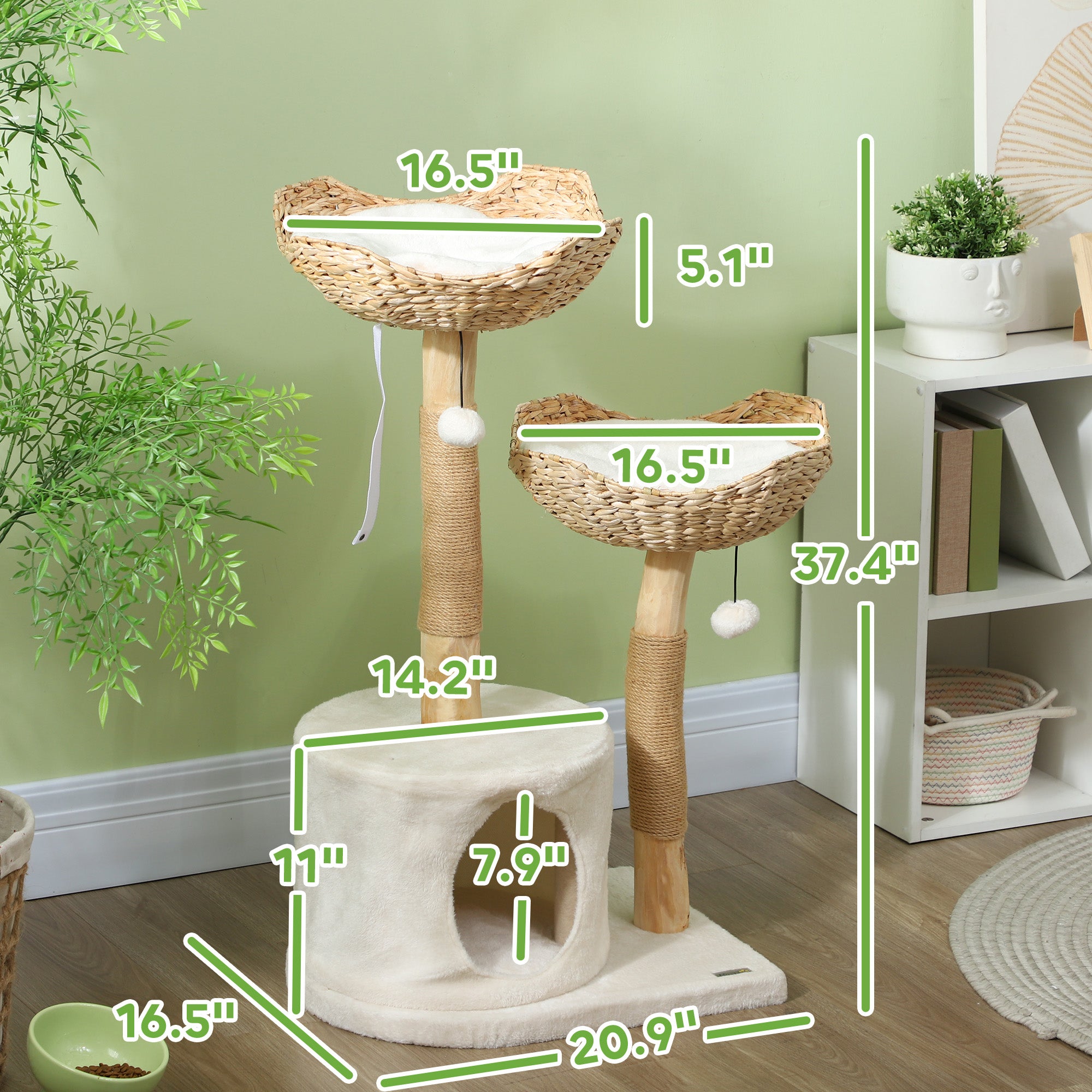 37 Inch Modern Cat Tree w/ Wooden Scratching Posts, Condo, Beds, Cushions, Toy Balls & Anti-Tip Kit - Cream White - Image 3