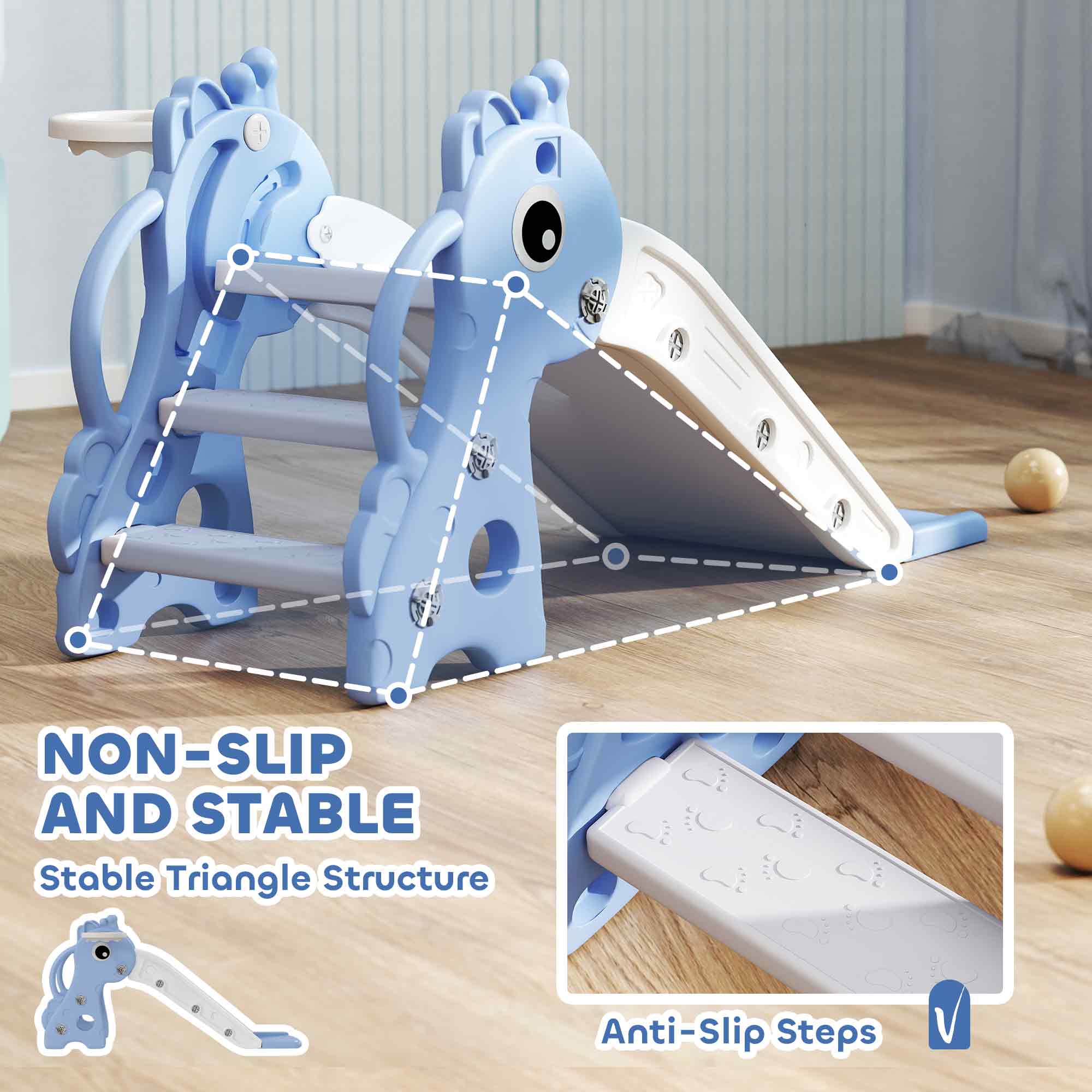 3-in-1 Toddler Slide for Age 1-3, Freestanding Kids Slide with Climber, Basketball Hoop and Ball, Giraffe Design, Blue