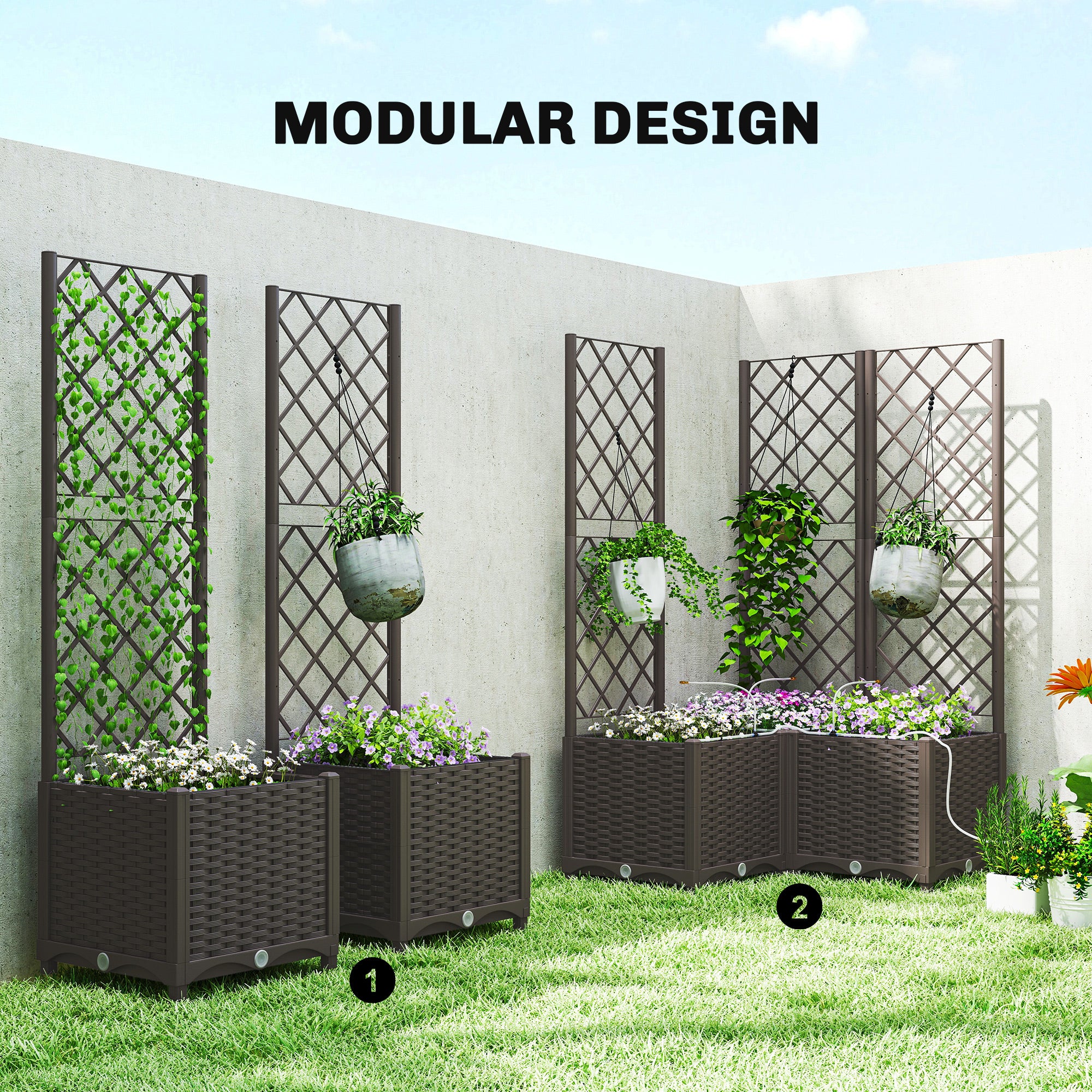 3PCS Plastic Planter Box with Trellis, Self-Watering Raised Garden Bed with Trellis and Automatic Watering Timer Kit - Brown - Image 7