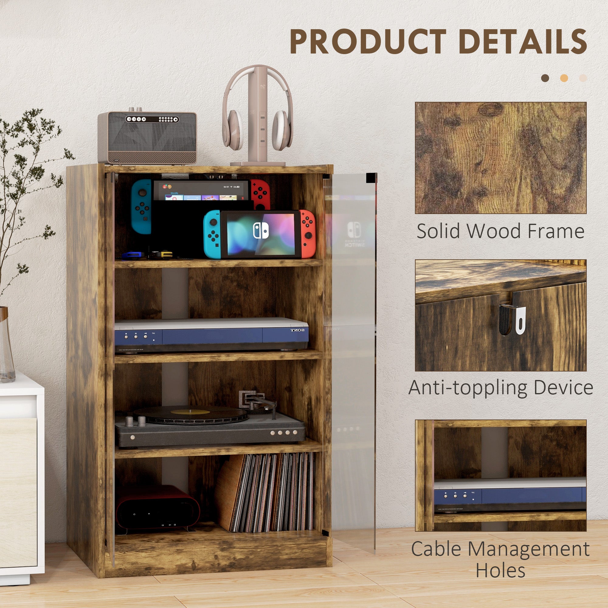 5-Tier Media Cabinet, Media Stand with Adjustable Shelves, Tempered Glass Doors, and Cable Management, Rustic Brown