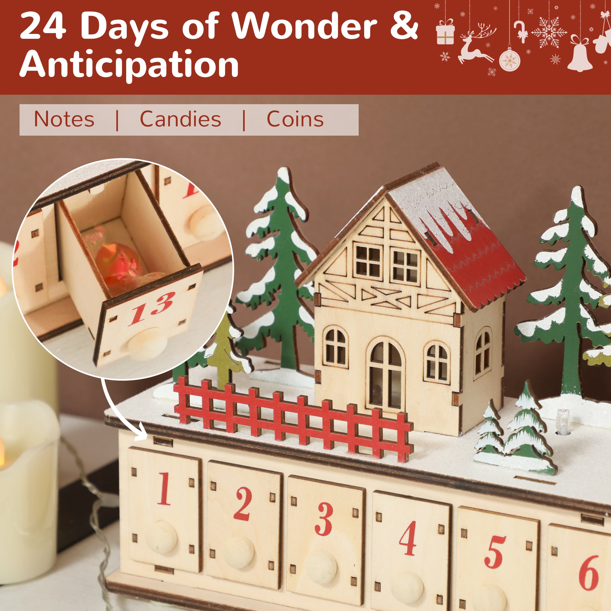 Christmas Advent Calendar with 24 Countdown Drawers and LED Lights, Wood-Effect Advent Calendar, Battery Operated