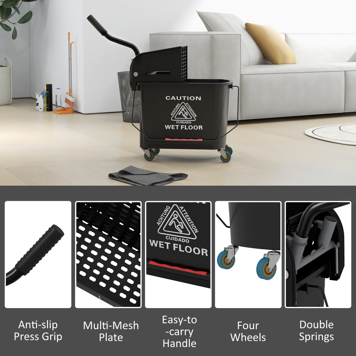 Compact Mop Bucket with Wringer, Mop Bucket on Wheels, 21 Quart, Separate Dirty and Clean Water, Black