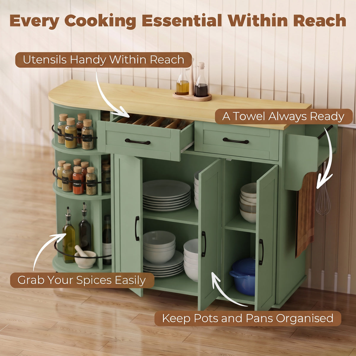 53" Kitchen Island with Power Outlet and Drop Leaf, Kitchen Cart on Wheels with 360° Rotating Rack, Sage Green