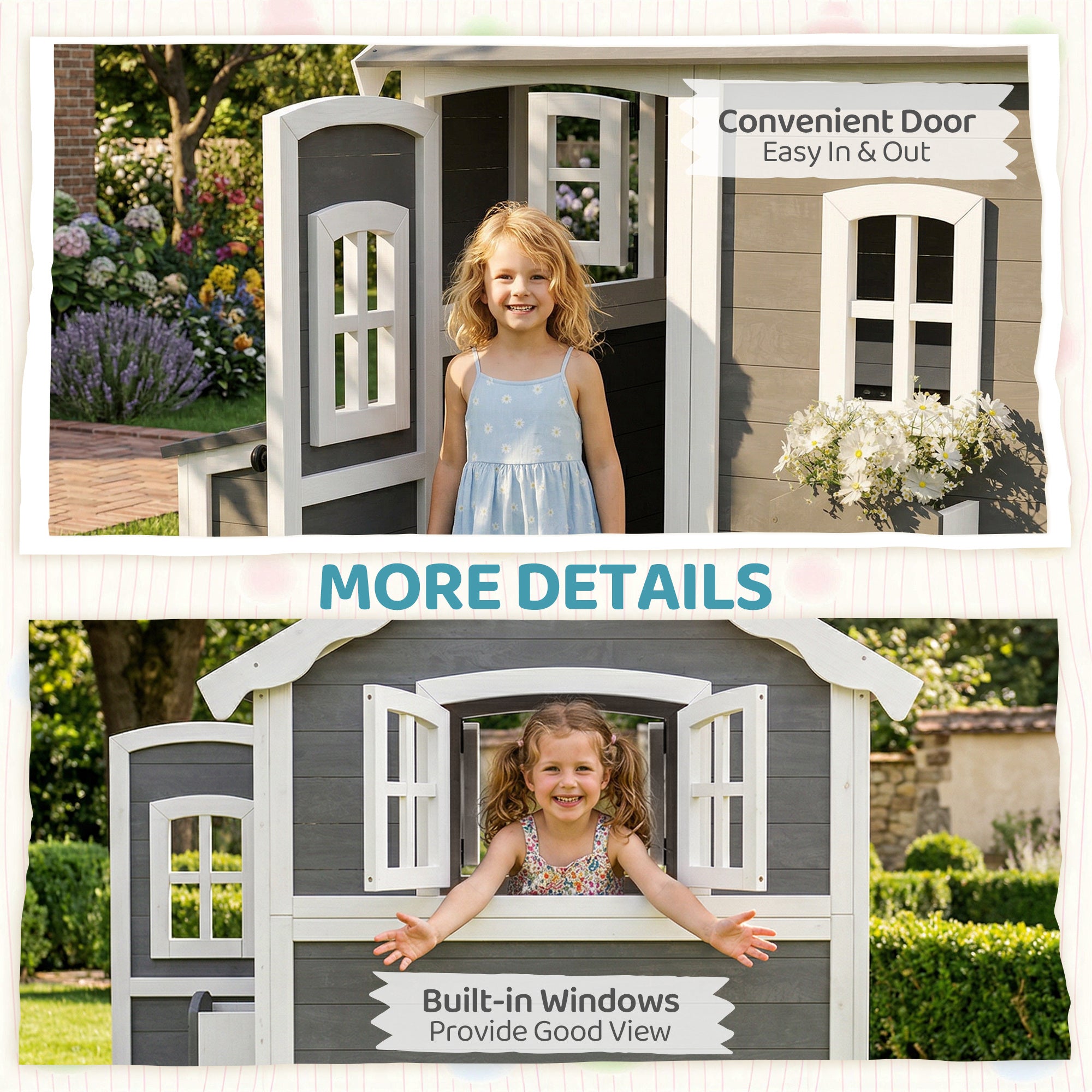 Outdoor Wooden Playhouse for Kids with Floor, Door, Windows, Planter Box for 3-8 Years Old, Backyard, Lawn, Garden