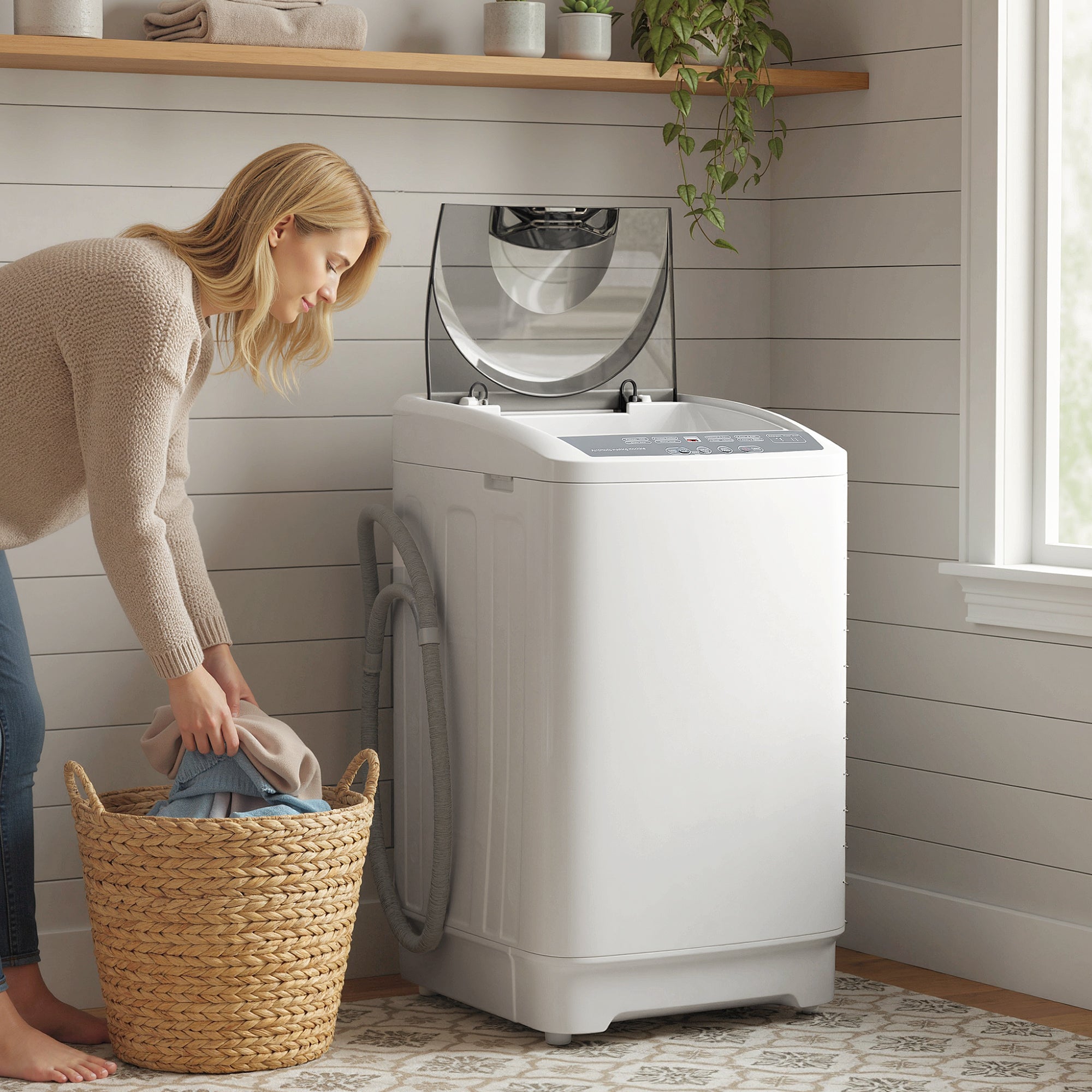Compact Washer, Portable Washing Machine, Full Automatic Washer with 8 Programs and 6 Water Levels, White