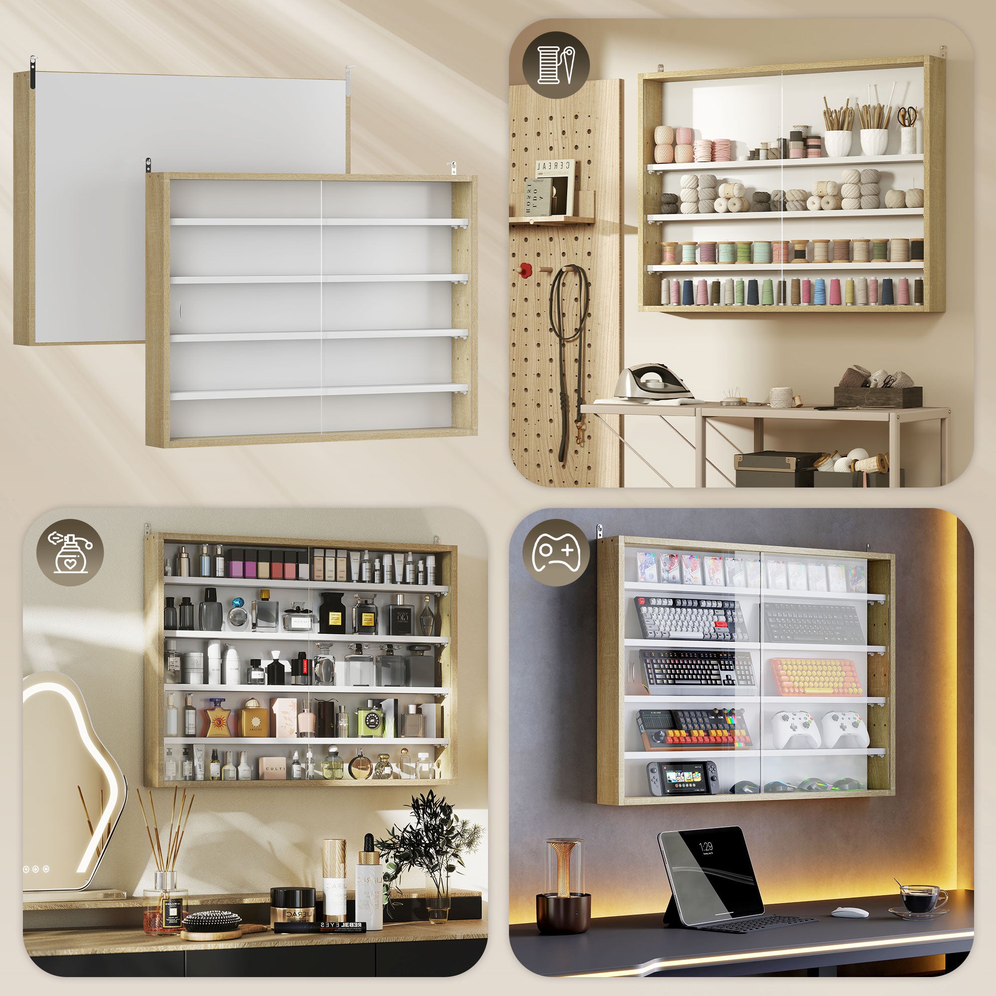 5-Tier Display Cabinet, Wall-Mounted Display Case with 2 Glass Doors and Adjustable Shelves, Oak and White
