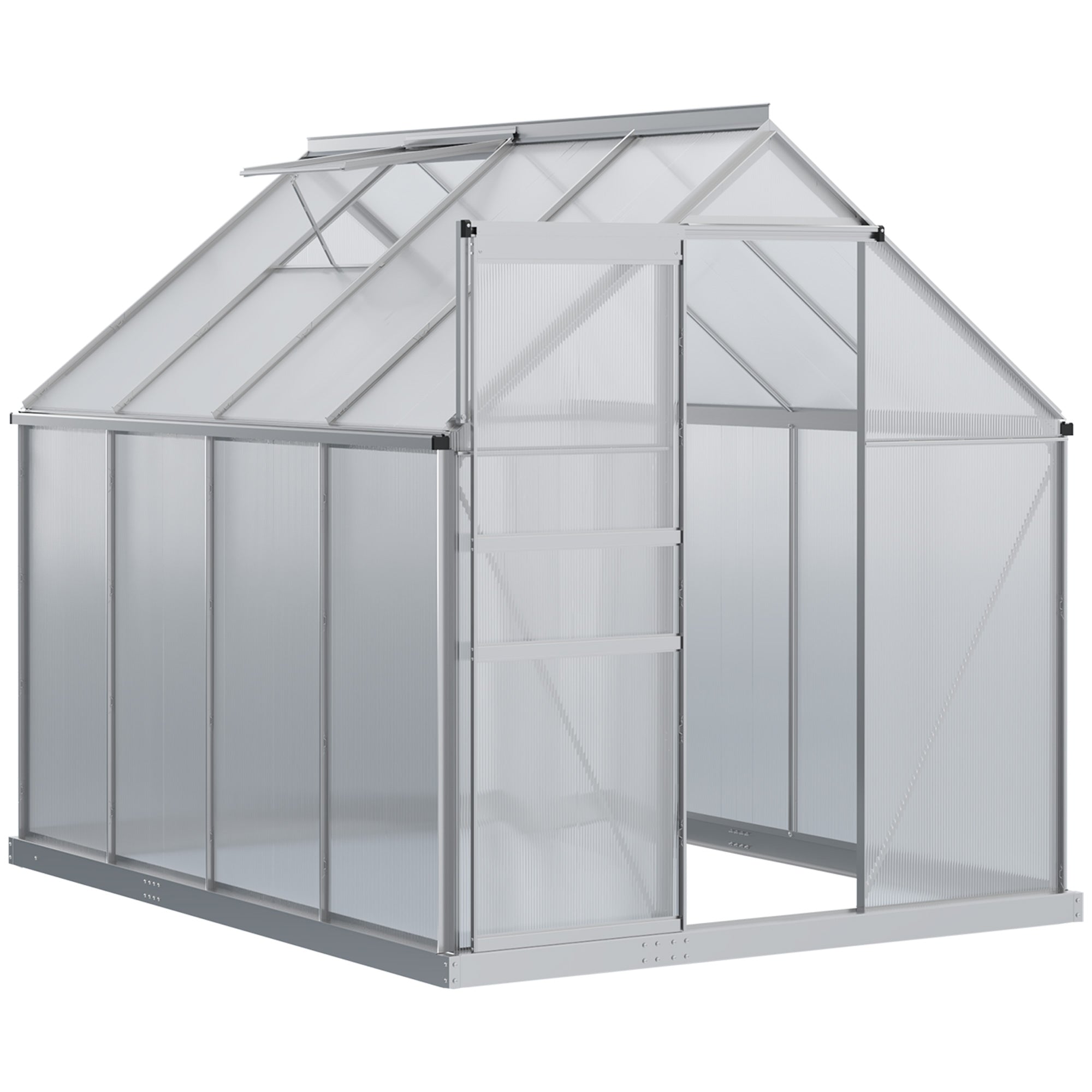 8' x 6' Aluminum Outdoor Greenhouse, Polycarbonate Walk-in Garden Greenhouse Kit with Adjustable Roof Vent, Rain Gutter and Sliding Door for Winter, Silver - Silver