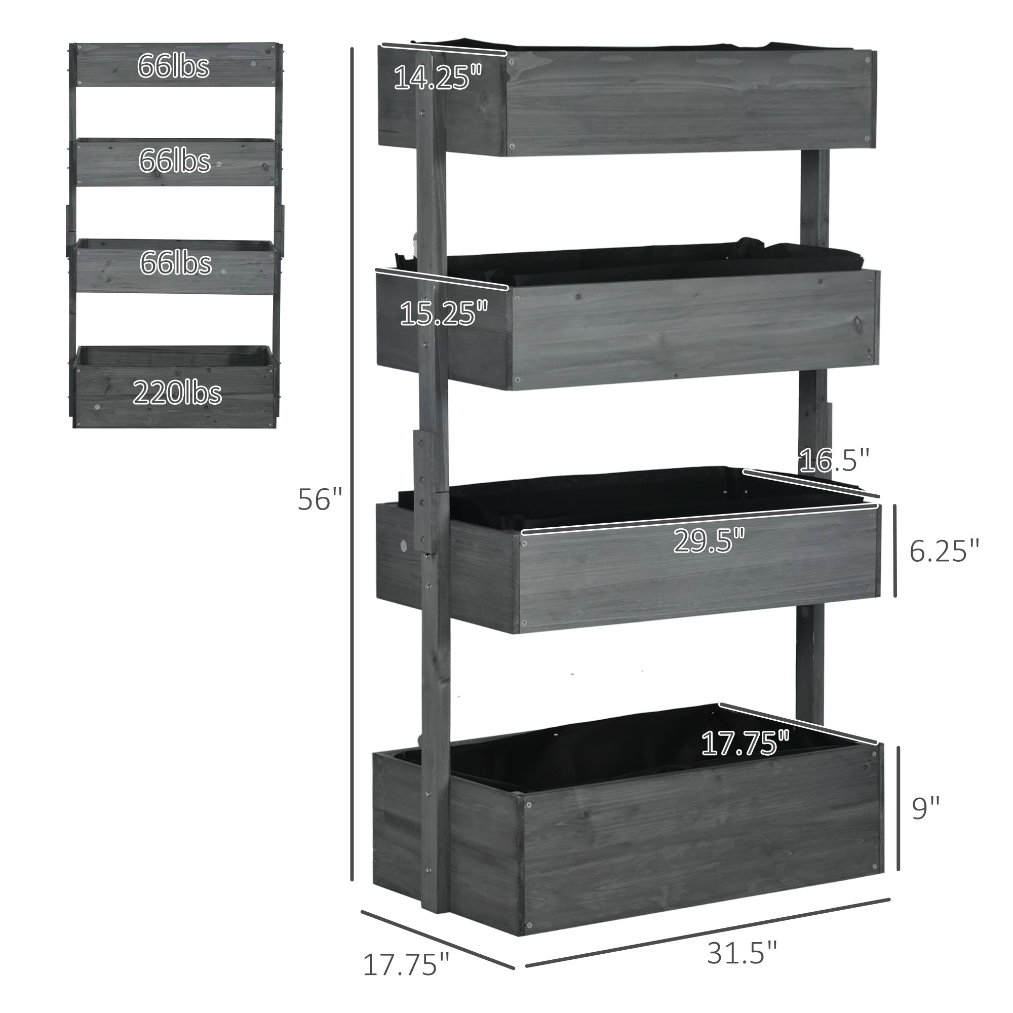 Outdoor Wooden Vertical Garden Planter, 4 Tier Planter Box, Self-Draining for Flowers, Vegetables, Herbs, Gray - Gray - Image 3