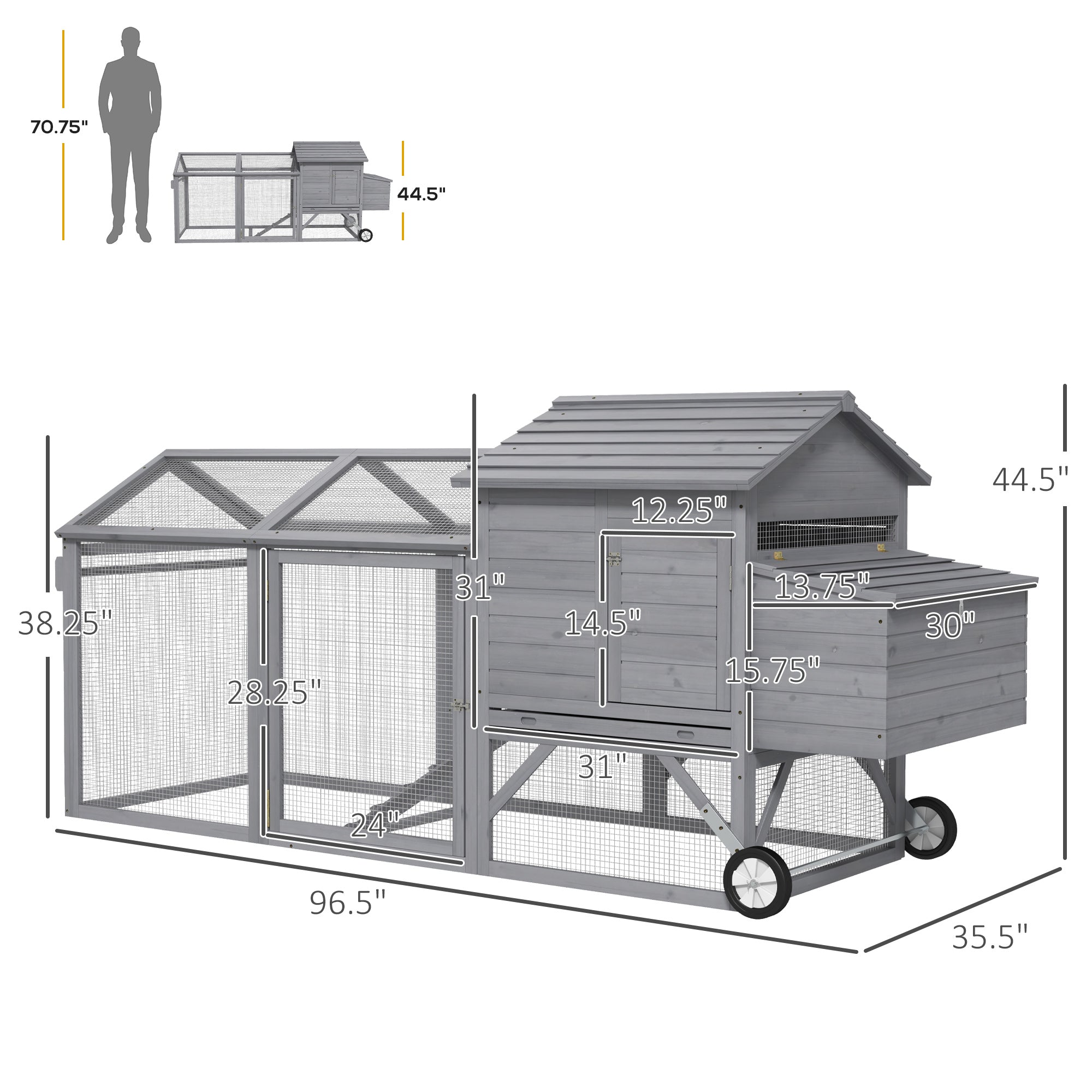 96.5" Chicken Coop Wooden Hen House Poultry Cage Pen Portable with Wheels and Nesting Box, Chicken Cage for Backyard Outdoor, Gray - Grey - Image 3